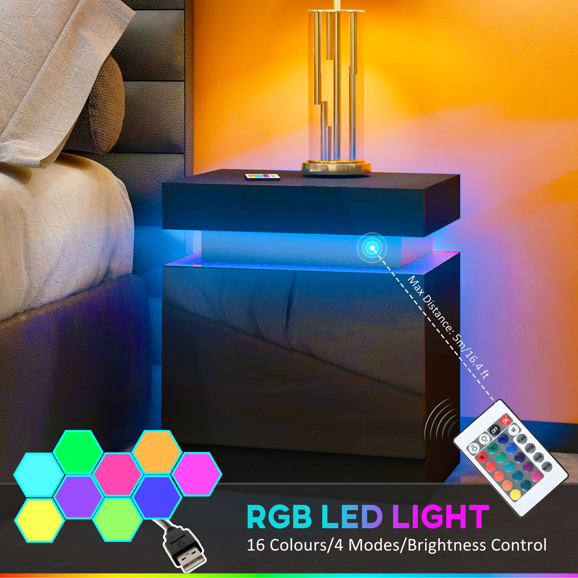 HOMCOM Black Bedside Table with LED Light, High Gloss Front Nightstand with 2 Drawers, for Living Room, Bedroom 4
