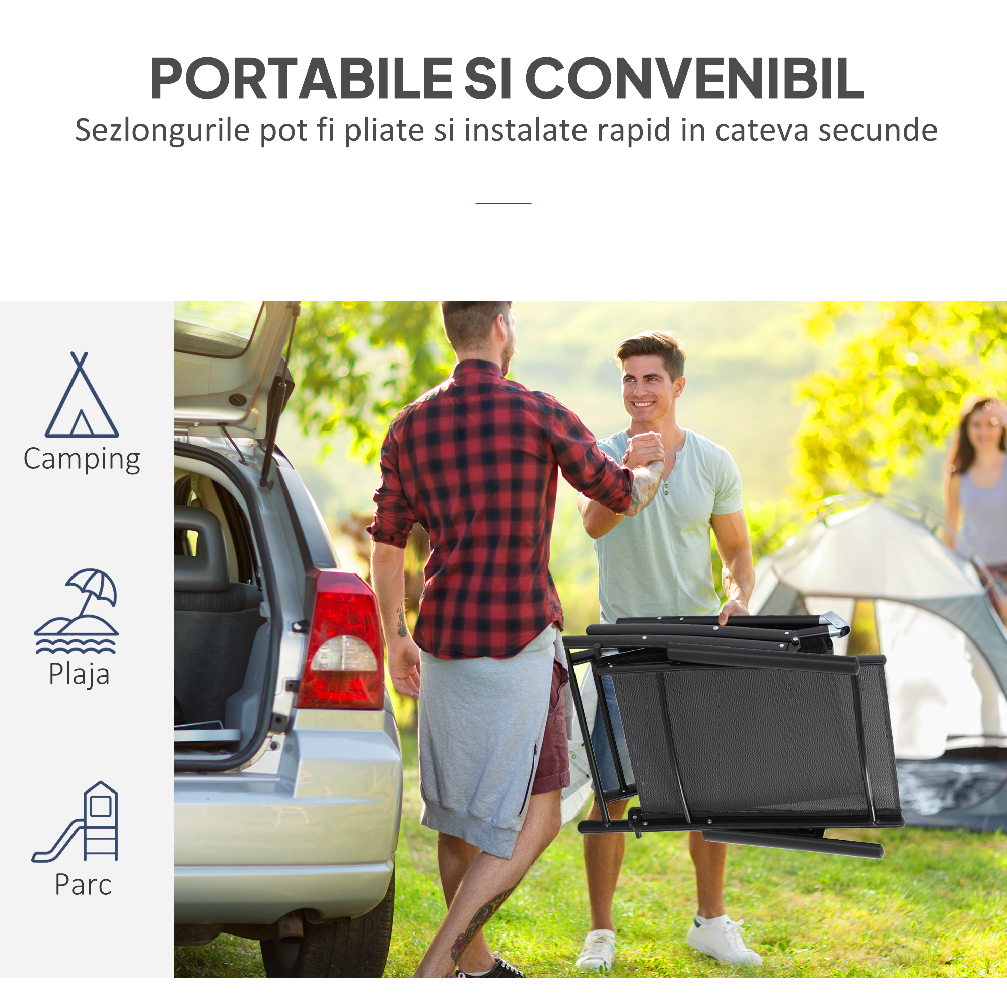  Set 2 Sezloguri de Gradina Pliabile cu Spatar Reglabil in 7 Pozitii, din Aluminiu si Plasa Respirabila, 64x134x95cm, Negru [6]