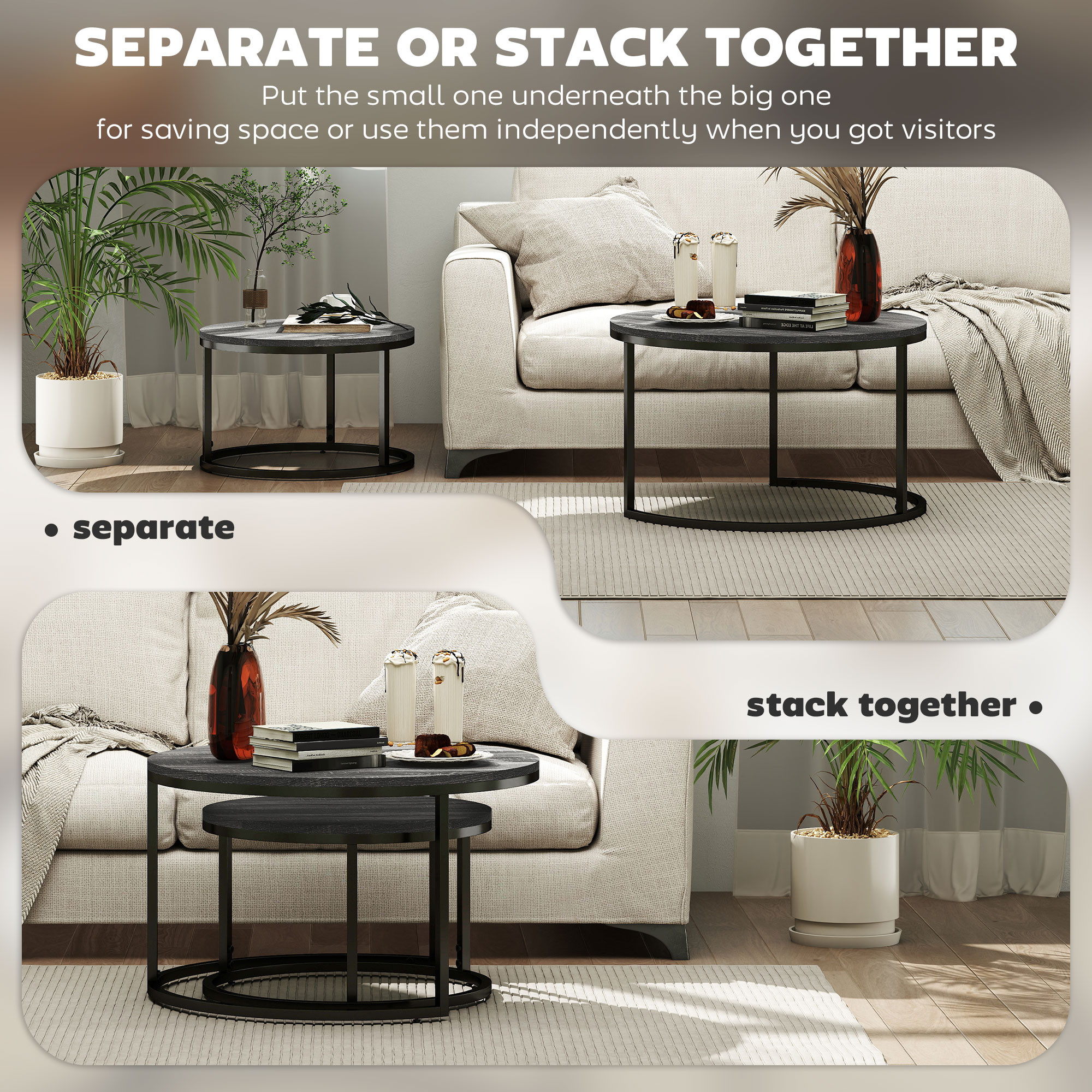 HOMCOM Set of Two Marble-Effect Stacking Tables Black 5