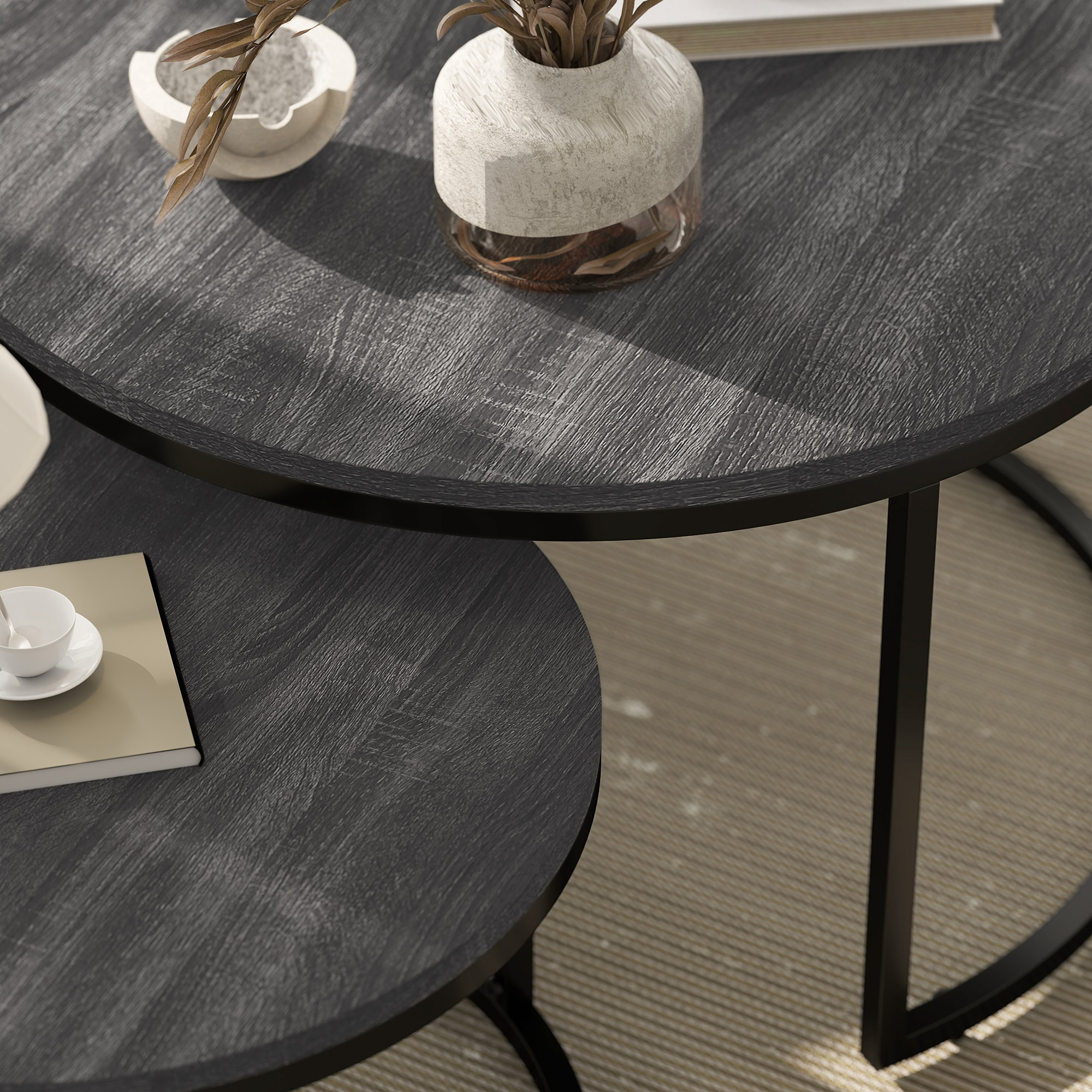HOMCOM Set of Two Marble-Effect Stacking Tables Black 9