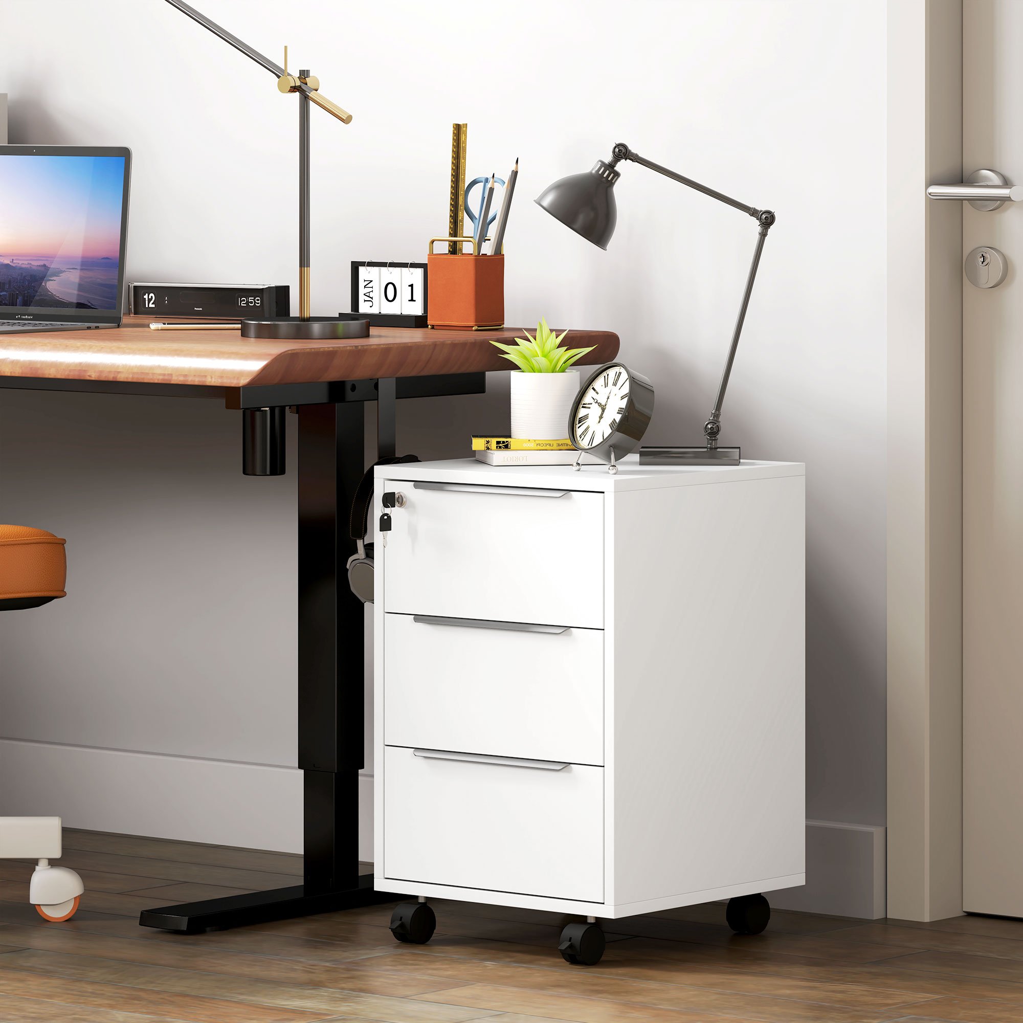 HOMCOM Three-Drawer Locking Filing Cabinet White 9