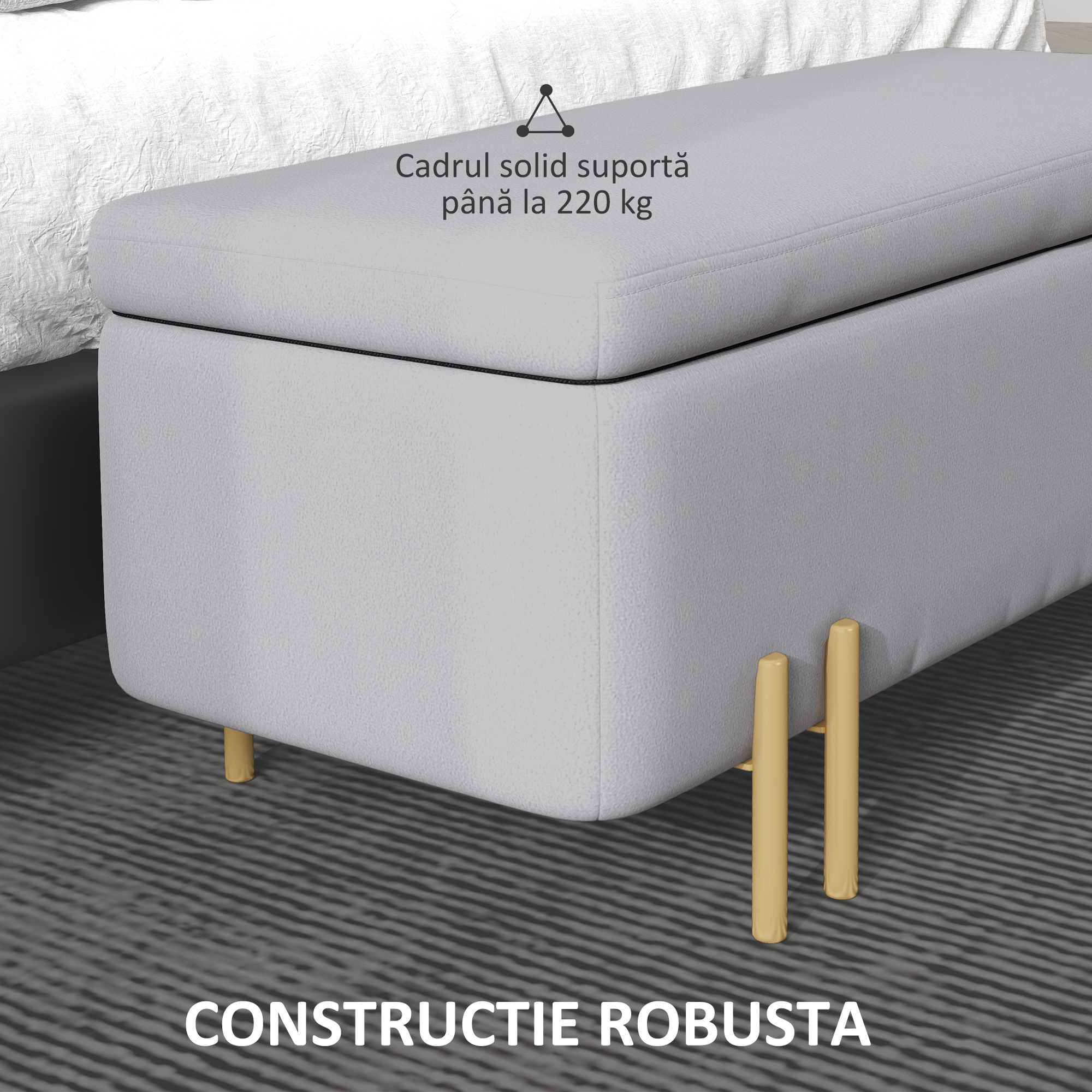  Banca de Depozitare cu sezut Tapitat si Picioare Lacuite Aurii, 100x40x42 cm, Gri [6]