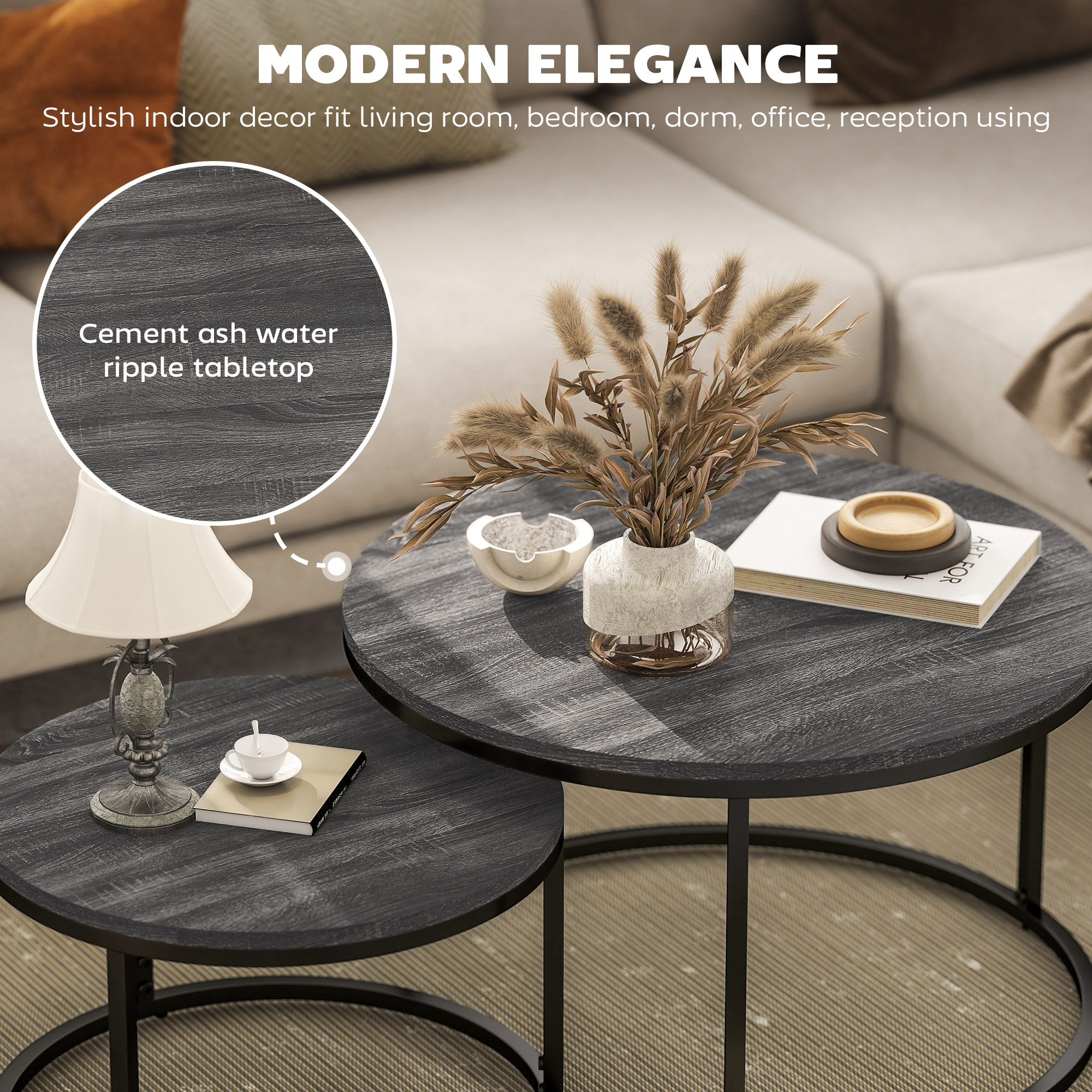 HOMCOM Set of Two Marble-Effect Stacking Tables Black 4