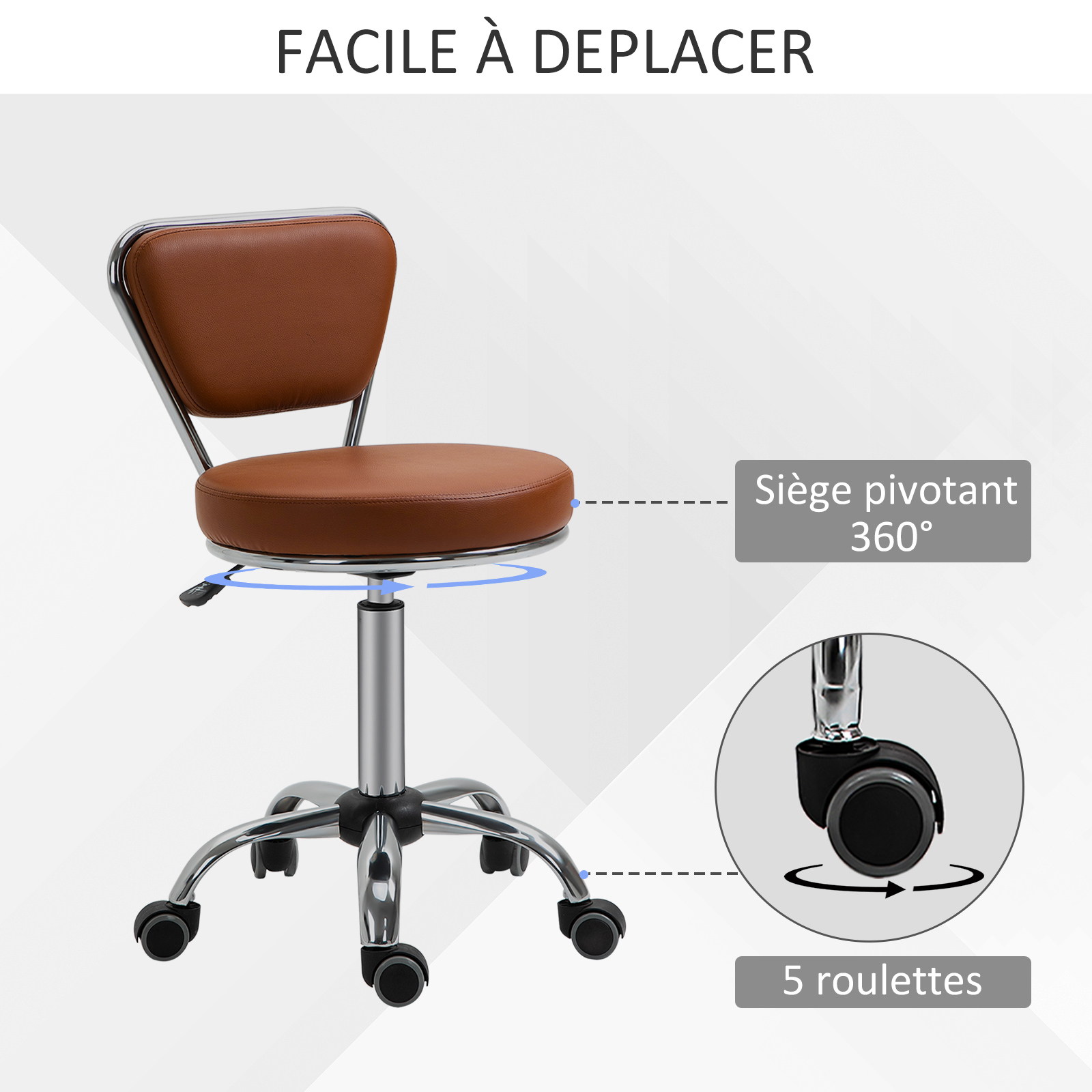 KKTONER Tabouret Roulant Rose En Cuir PU - Hauteur Réglable 46-62 Cm, Dossier, 360° Pivotant, Charge 135 Kg, Idéal Coiffure & Bureau