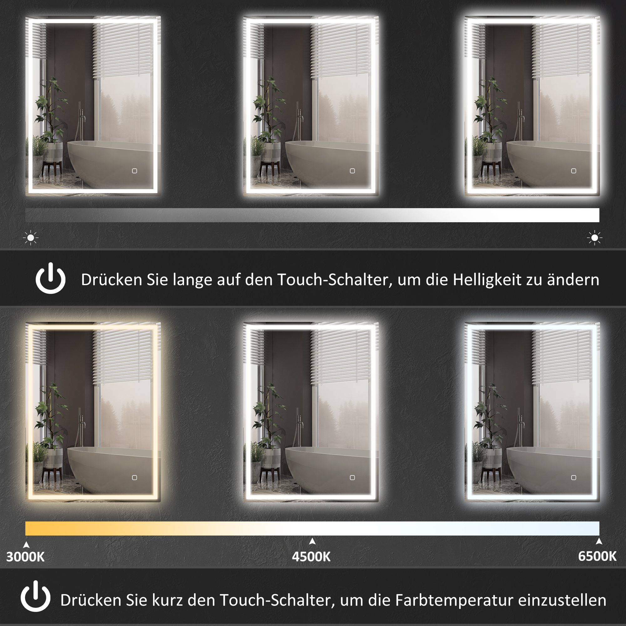 Vannitoa peegel valgustusega 90x70 cm LED-peegelseina peegel mälufunktsiooniga 3 heledat värvi hõbedane