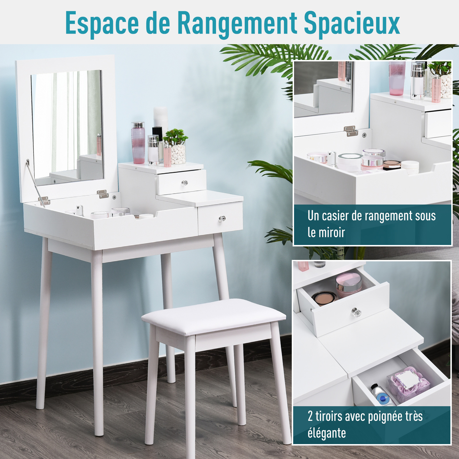 Coiffeuse Emma Blanc 120cm avec tabouret Vicco
