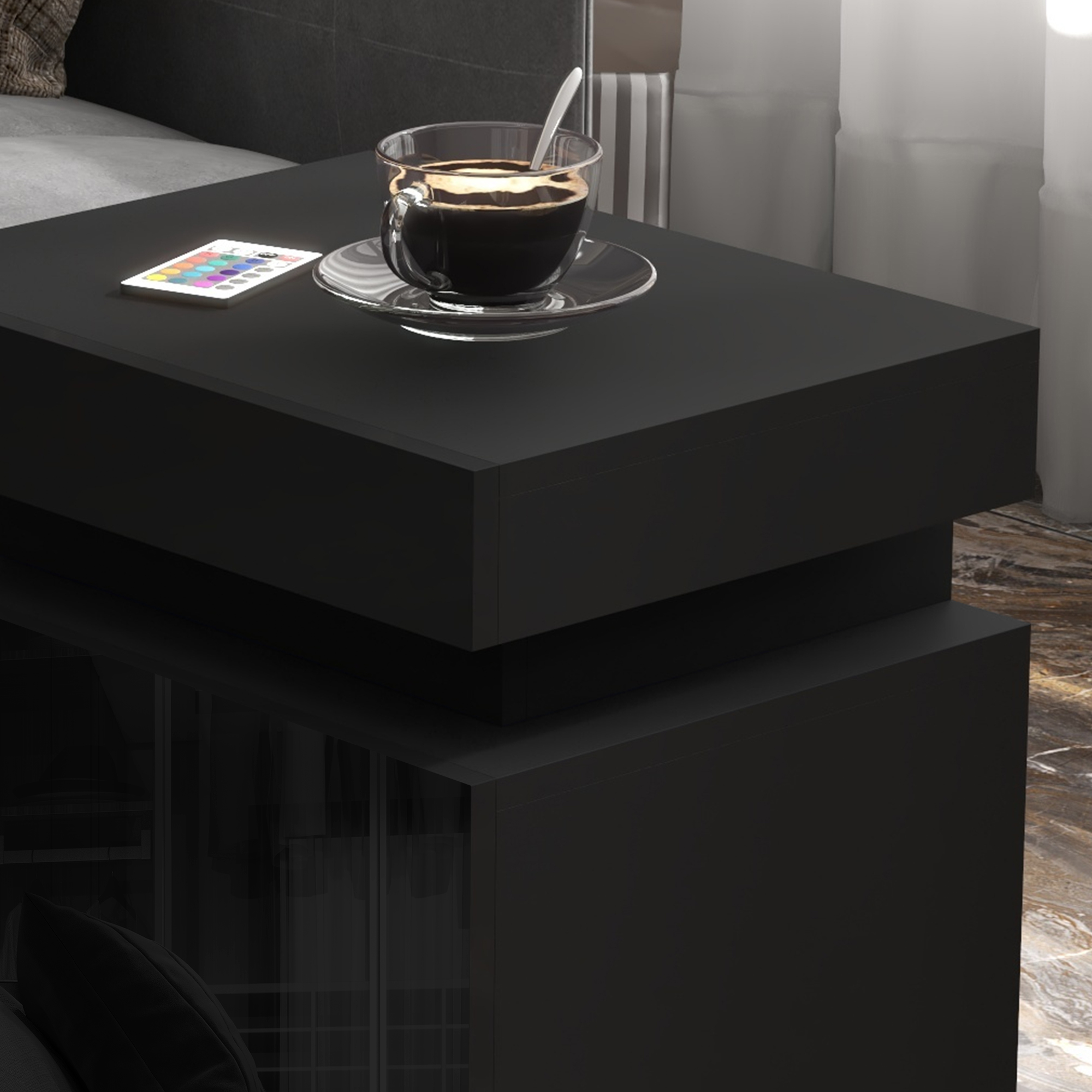 HOMCOM Black Bedside Table with LED Light, High Gloss Front Nightstand with 2 Drawers, for Living Room, Bedroom 9