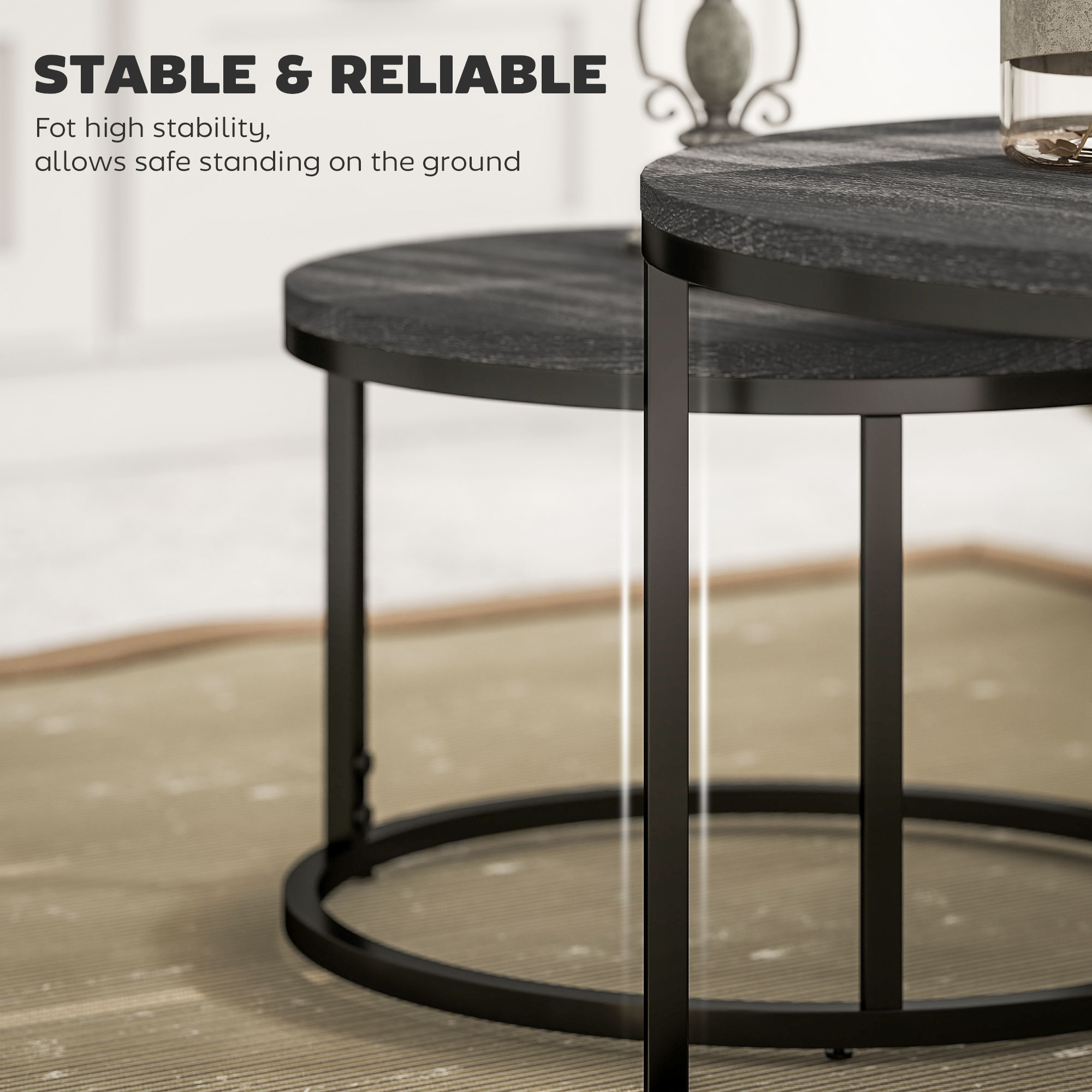HOMCOM Set of Two Marble-Effect Stacking Tables Black 6