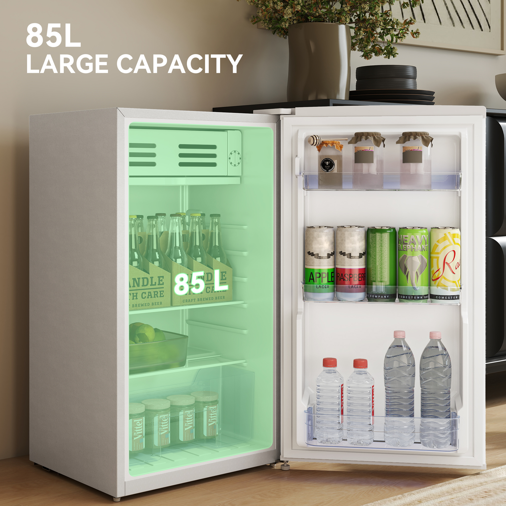 HOMCOM Under Counter Fridge, 85L Small Retro Refrigerator with Chiller Box, Adjustable Thermostat, Glass Shelves, White 5