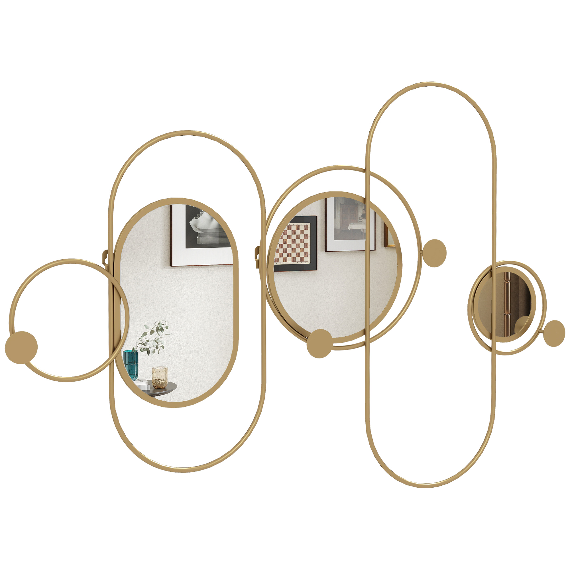 HOMCOM Metal Wall Mirror Decor with Coat Hooks, Modern Decorative Wall Art for Living Room Bedroom, Gold Tone