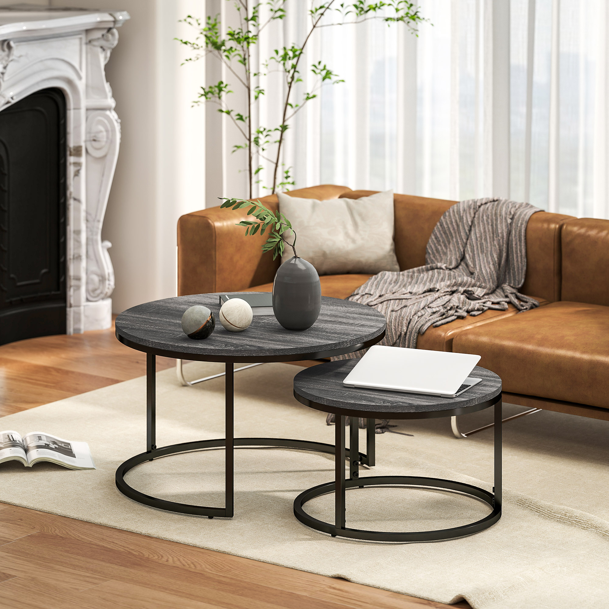 HOMCOM Set of Two Marble-Effect Stacking Tables Black 2