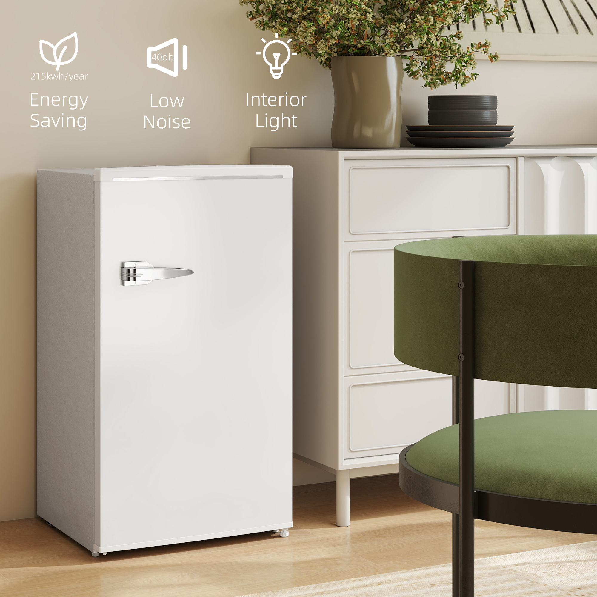 HOMCOM Under Counter Fridge, 85L Small Retro Refrigerator with Chiller Box, Adjustable Thermostat, Glass Shelves, White 6