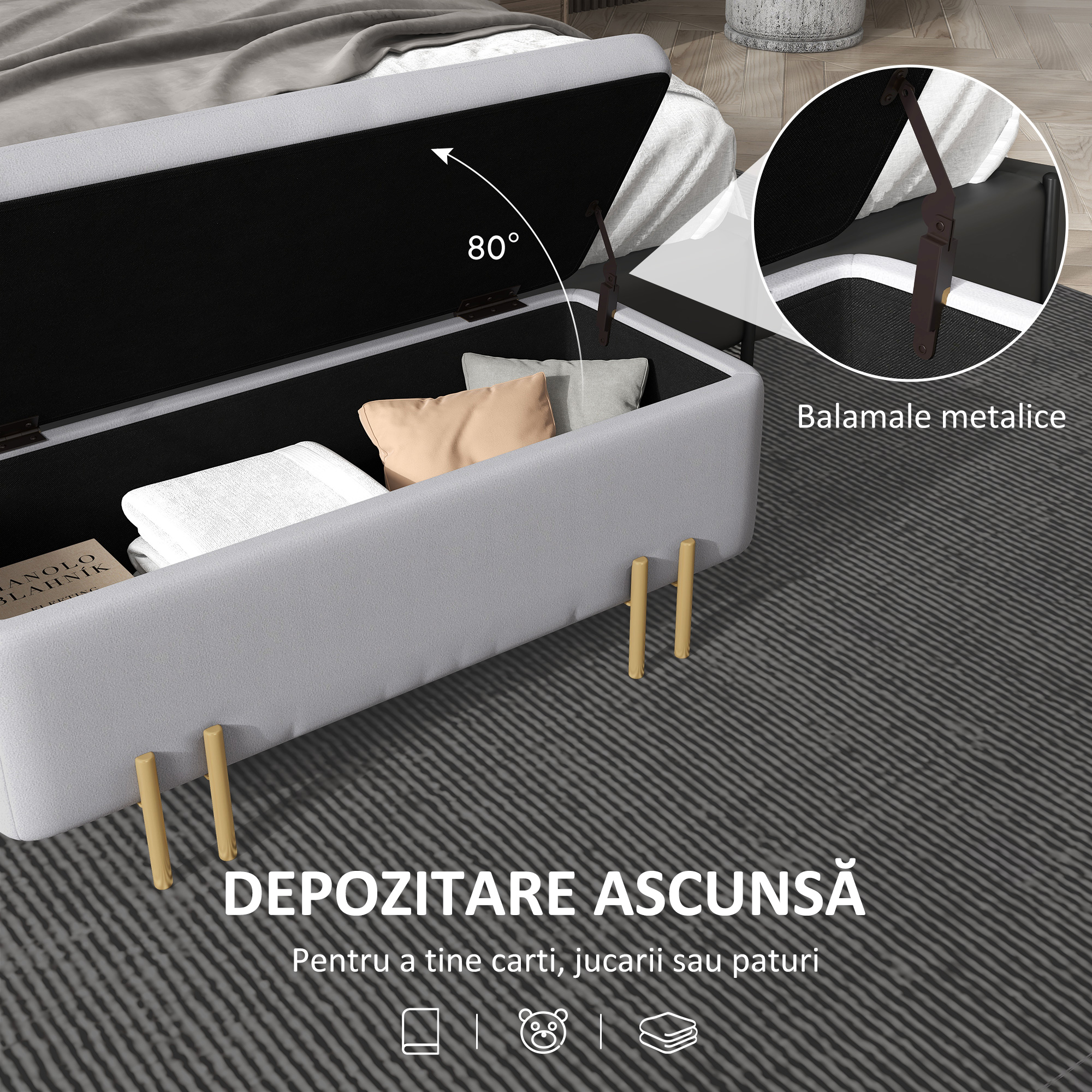  Banca de Depozitare cu sezut Tapitat si Picioare Lacuite Aurii, 100x40x42 cm, Gri [3]