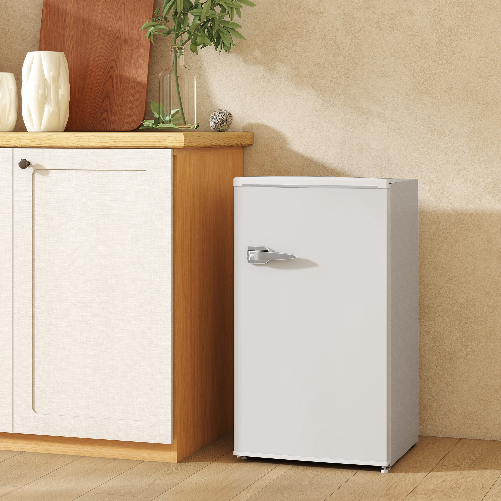 HOMCOM Under Counter Fridge, 85L Small Retro Refrigerator with Chiller Box, Adjustable Thermostat, Glass Shelves, White 9