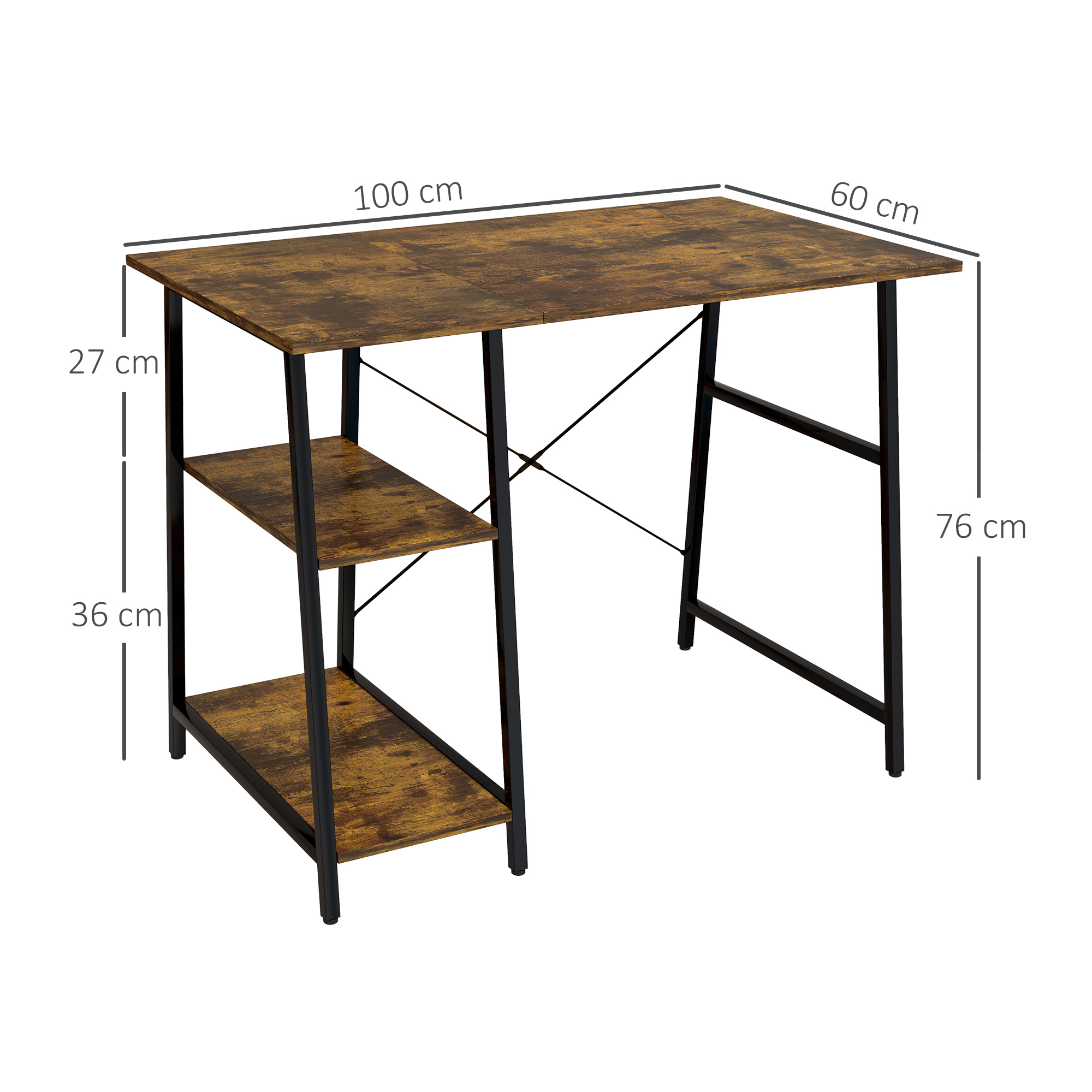HOMCOM 100cm Computer Desk with Storage, Industrial Home Office Desk with 2 Tier Shelves and Steel Frame, Computer Table for Study Room, Rustic Brown 3