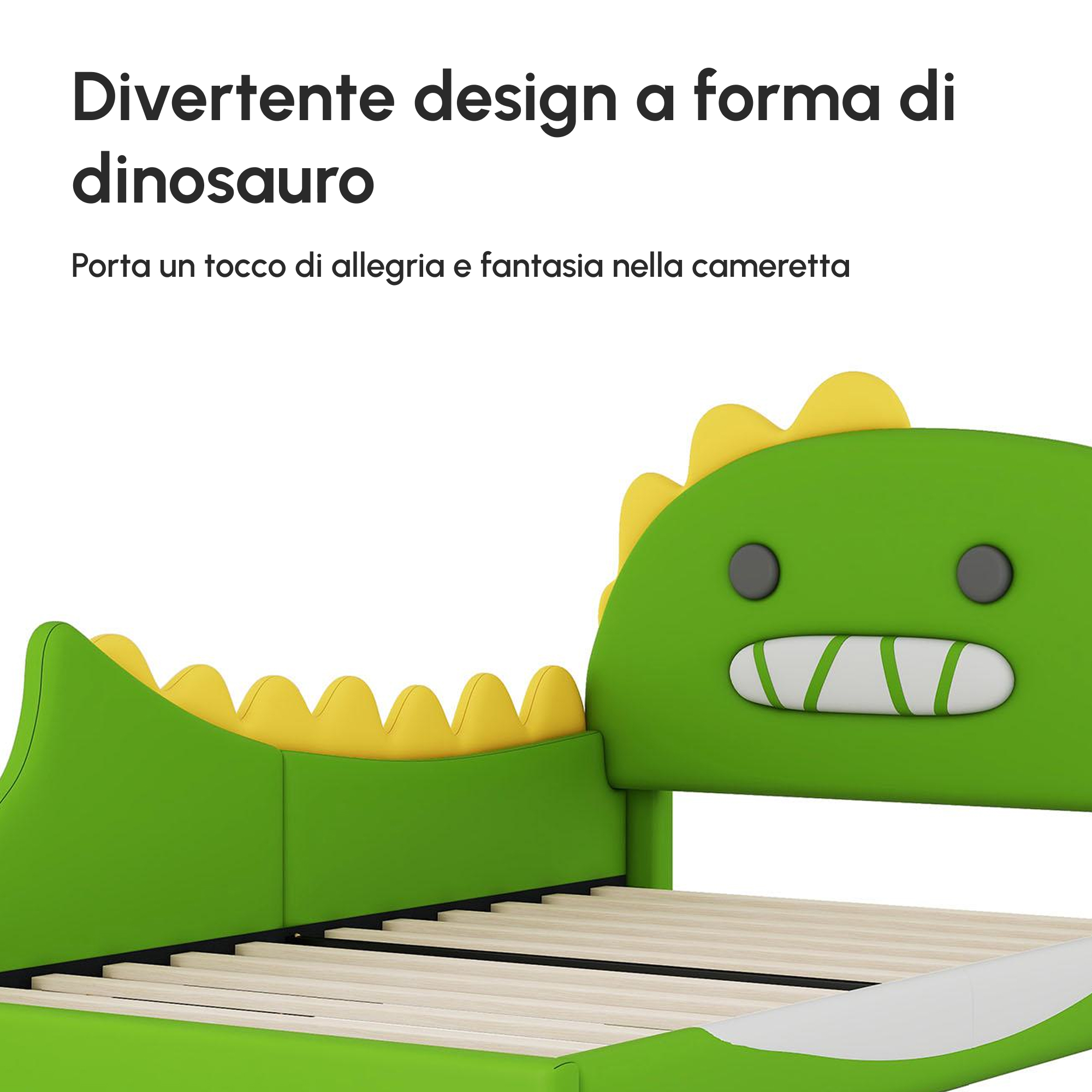 Lettino A Forma Di Dinosauro Per Bambini, 90x200 Cm, Verde, In PU E MDF