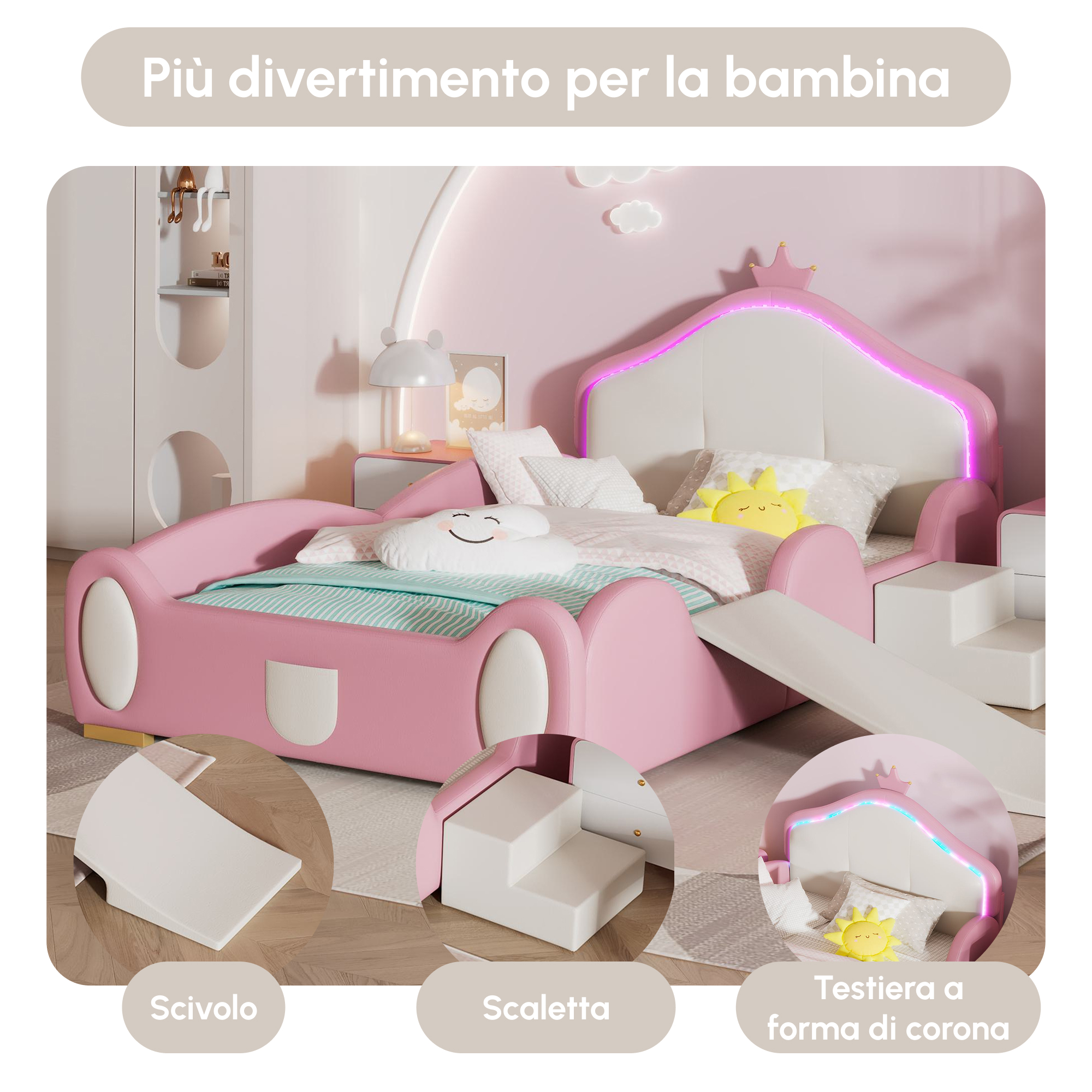 Lettino Singolo A Forma Di Corona Con Luci LED Rosa Per Bambine - Letto A Nuvola 90x200 Cm In PU, Senza Materasso - 3
