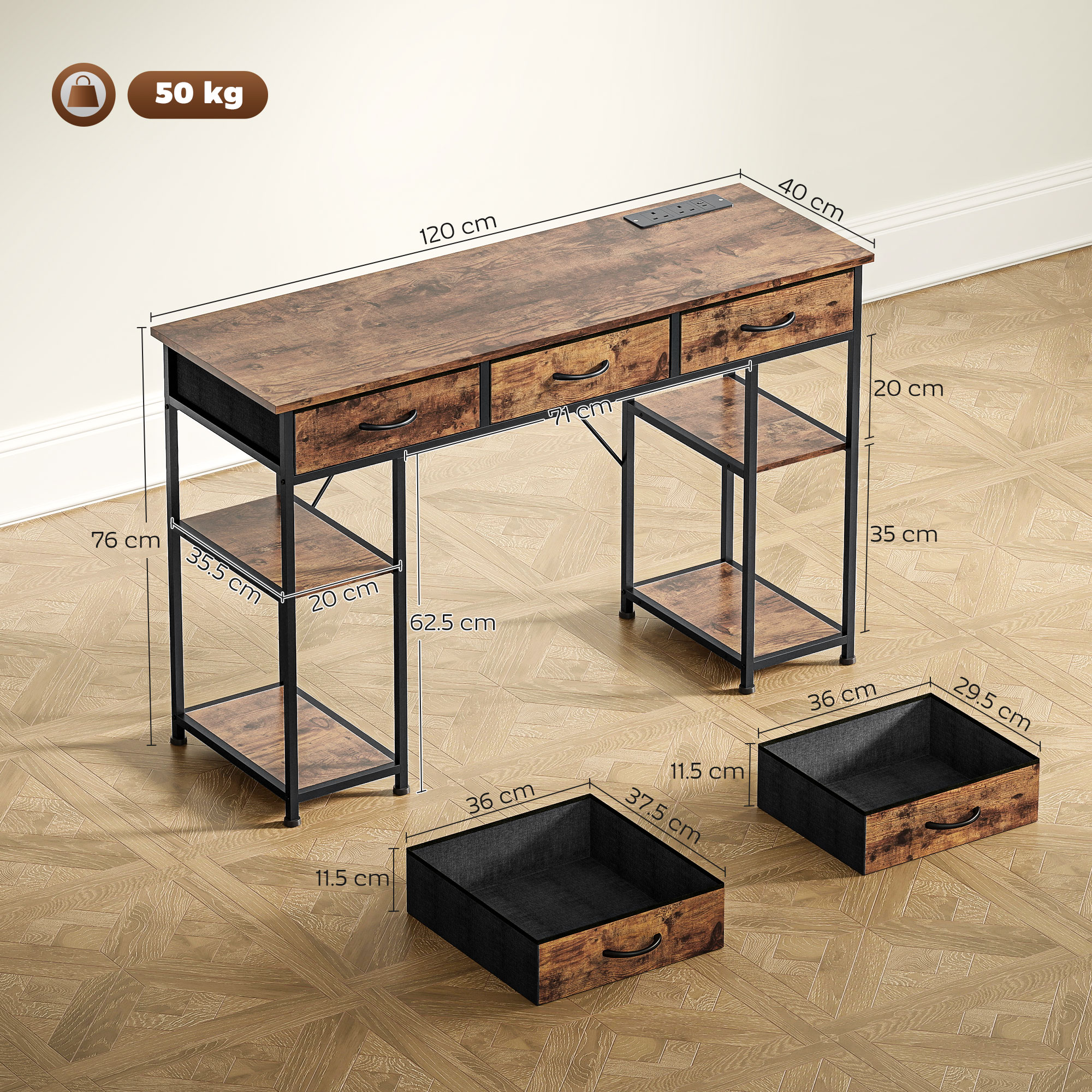HOMCOM 120cm Computer Desk with Power Outlets, Office Desk Study Table with Fabric Drawers and Storage Shelves, Rustic Brown 3