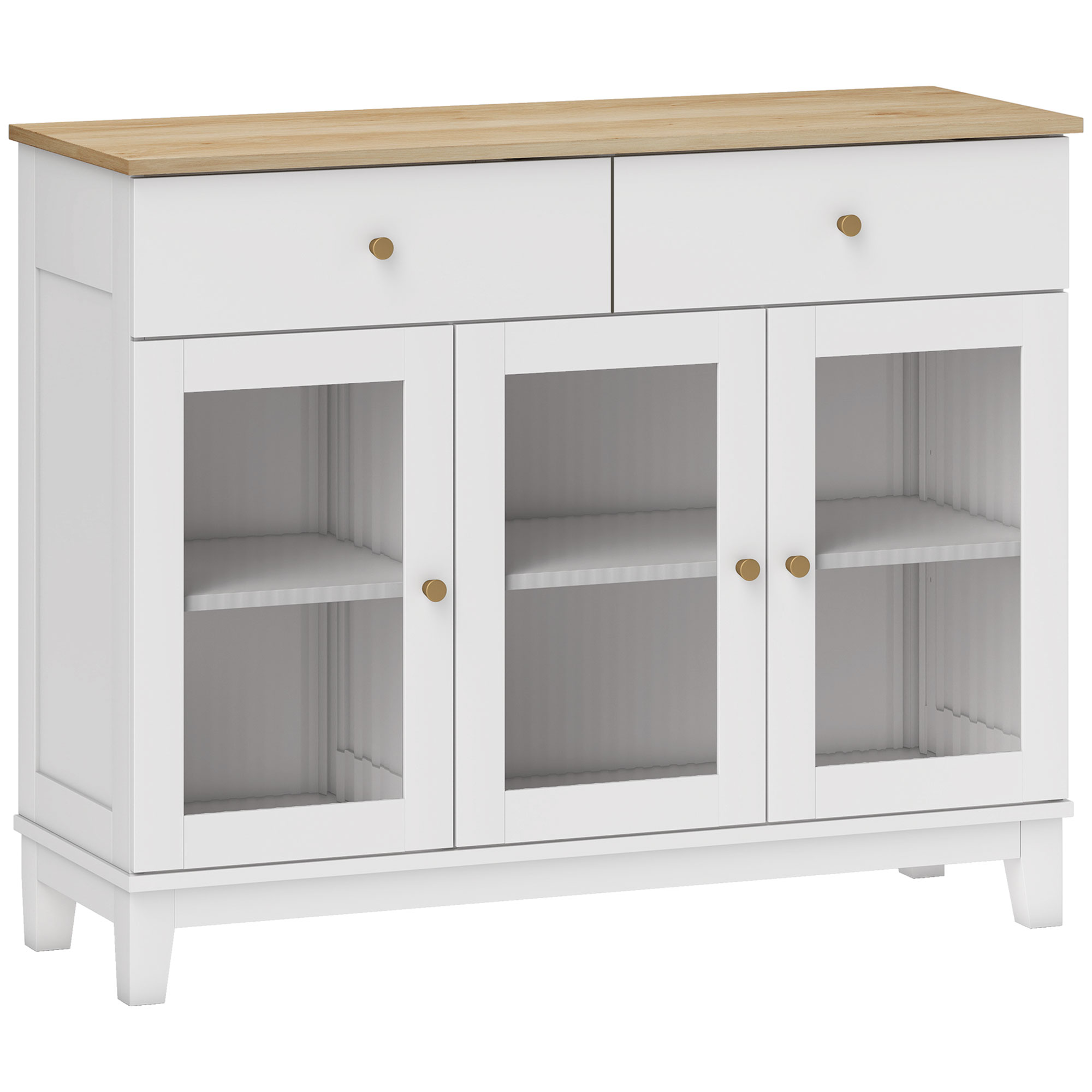HOMCOM Aparador para Salón Moderno con 3 Puertas de Vidrio2 Cajones y Estantes Ajustables 100x35x80,3 cm Blanco