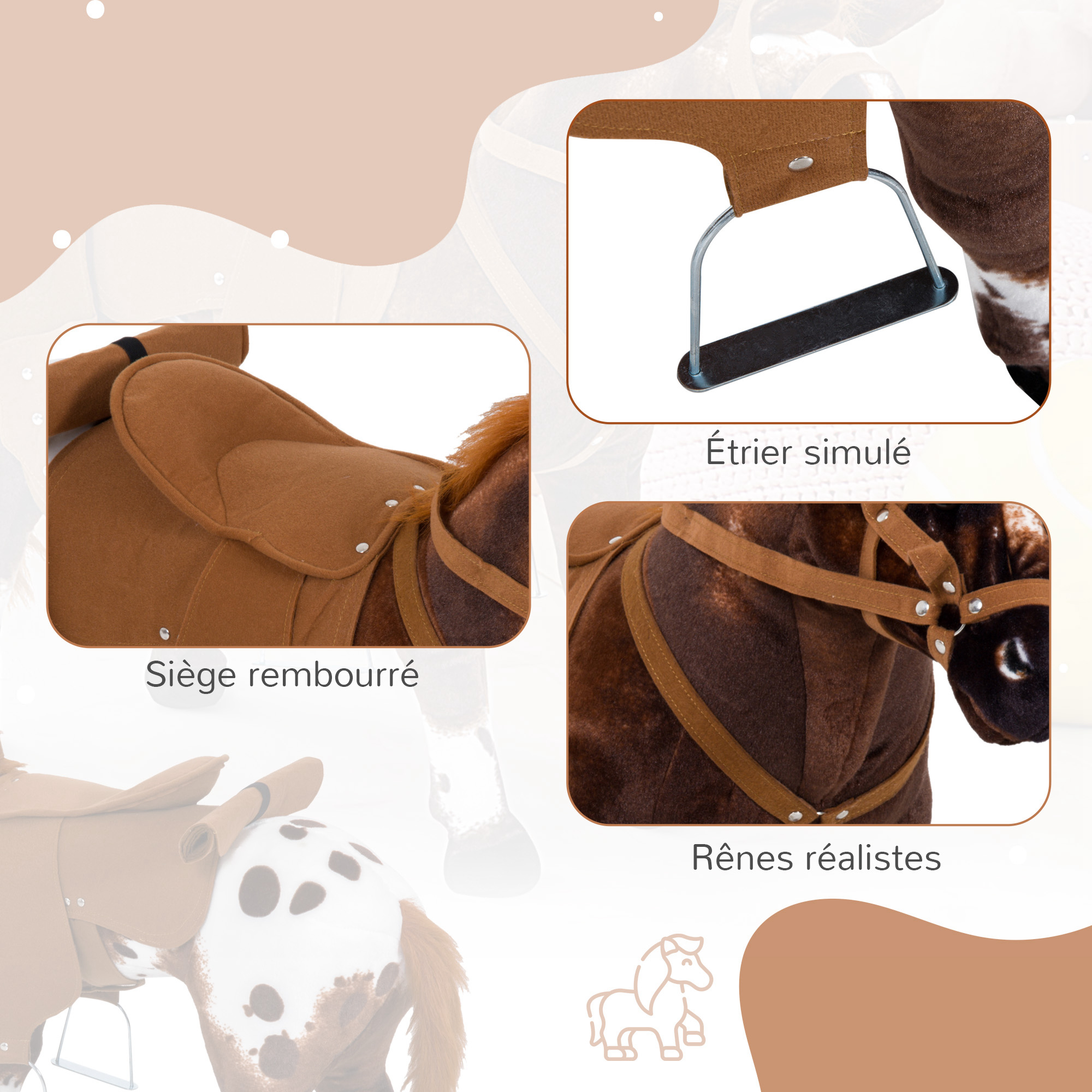 HOMCOM Cheval à Bascule – Peluche Western Avec Effet Sonore – Selle, Rênes, Poignées – Marron/blanc – Enfant 3-6 Ans