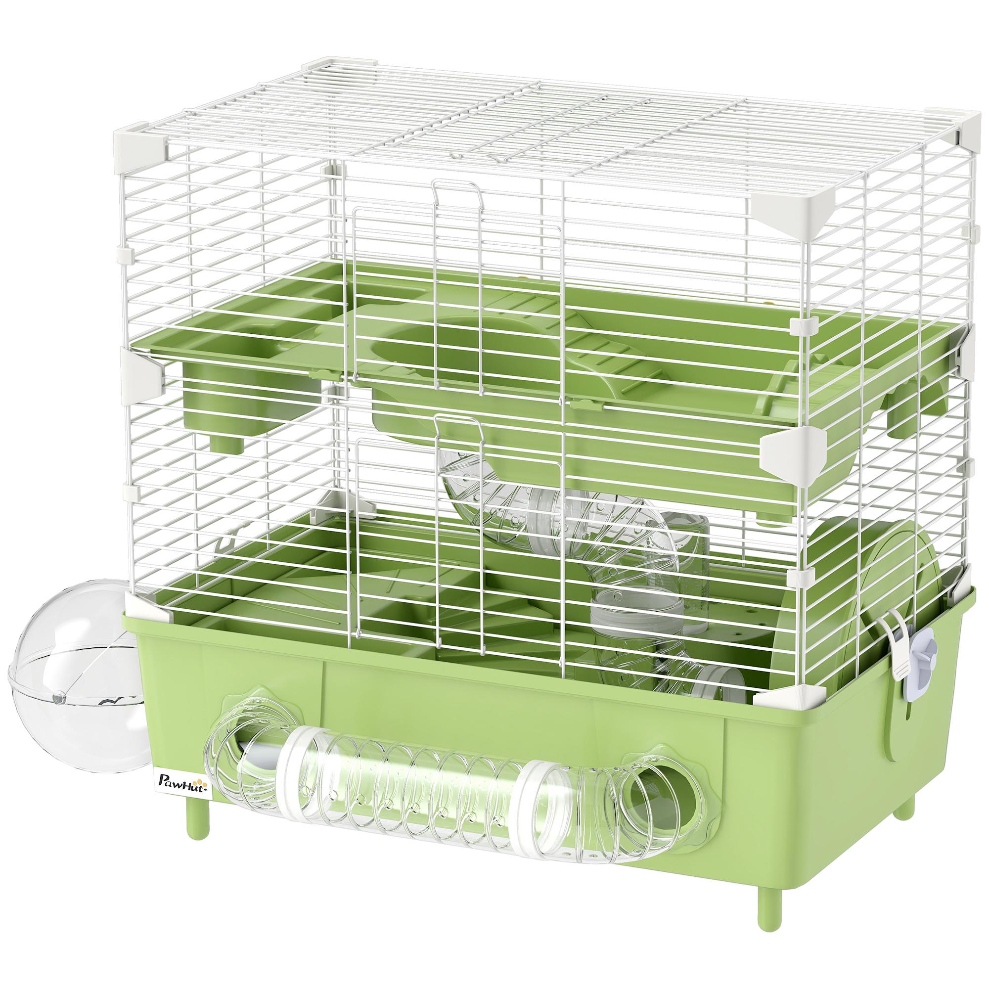 Comparer les prix de PawHut Cage pour hamster  à 2 niveaux avec roue de course salle de bain en sable pour hamster nain 44,5 x 28 x 44 cm vert