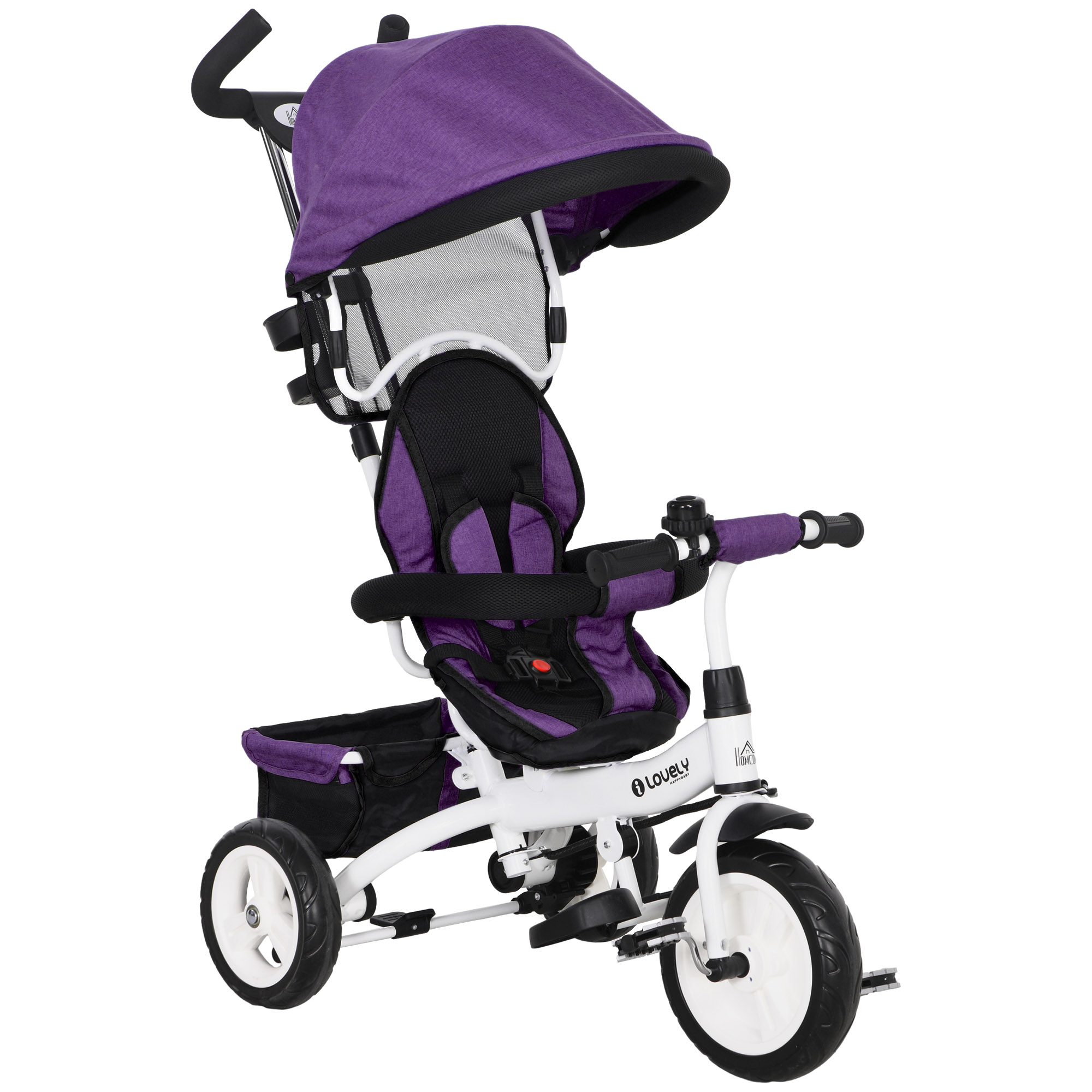 HOMCOM Triciclo Evolutivo para Niños +12 Meses con Toldo Plegable Mango de Empuje Telescópico y Cinturón de Seguridad Violeta