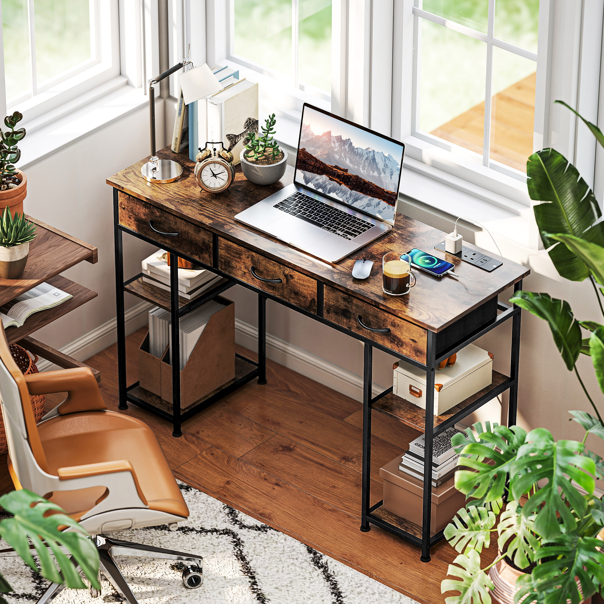 HOMCOM 120cm Computer Desk with Power Outlets, Office Desk Study Table with Fabric Drawers and Storage Shelves, Rustic Brown 2
