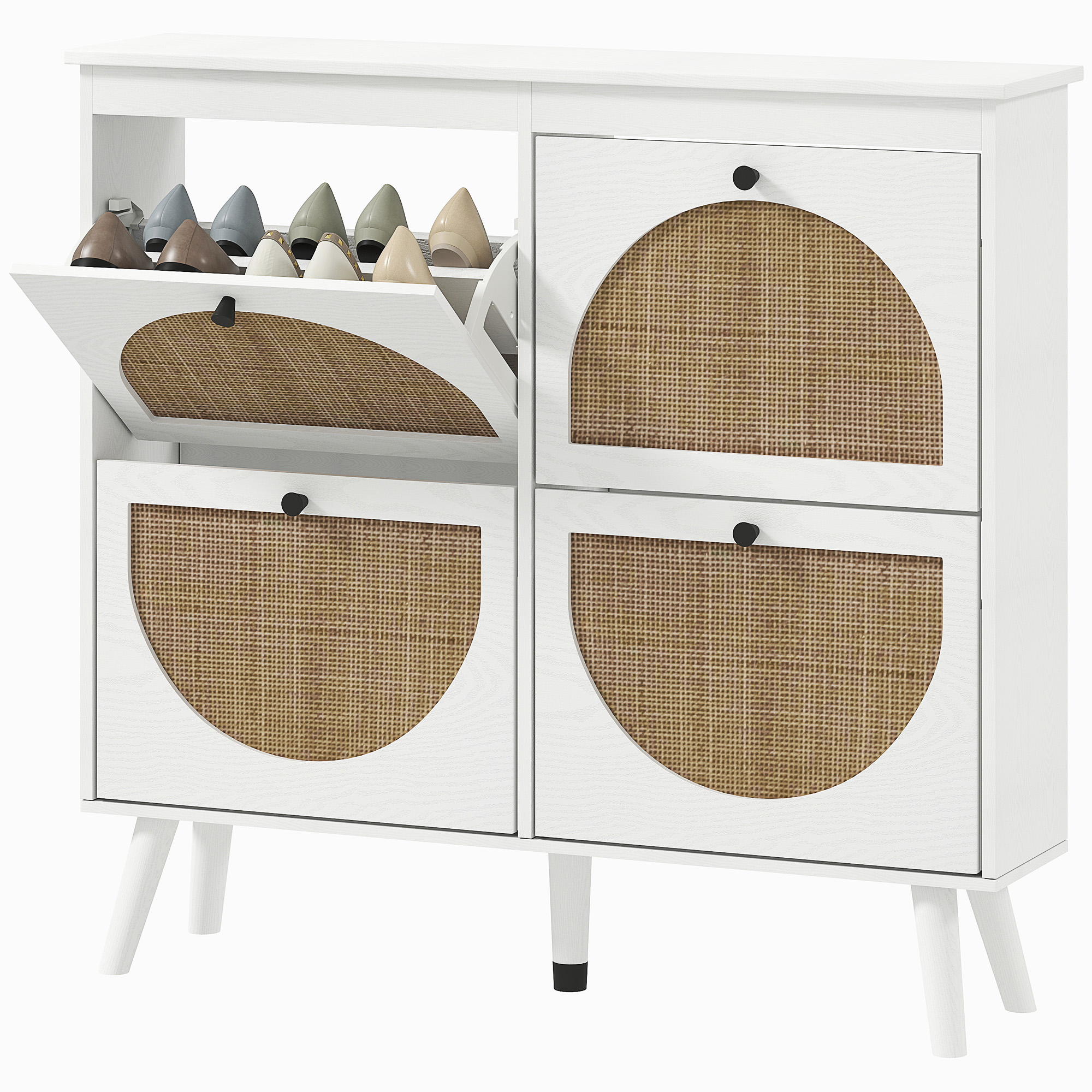 HOMCOM Meuble à chaussures 4 abattants 20 paires étagère réglable style bohème pieds en bois massif 105 x 24 x 97,5 cm blanc