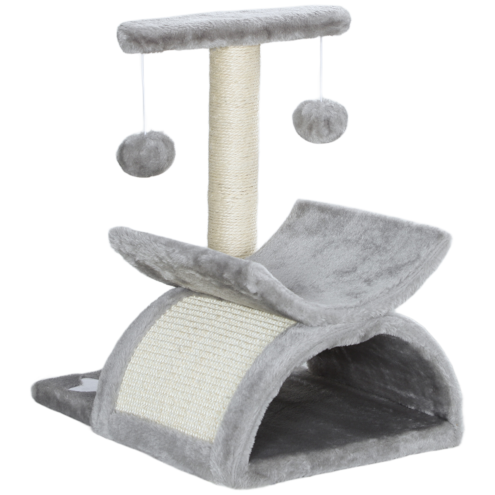Meilleurs prix pour PawHut Arbre à chat, tour de jeux pour chats avec pont à griffer en sisal, tunnel demi-rond 2 balles 40 x 30 x 43 cm gris
