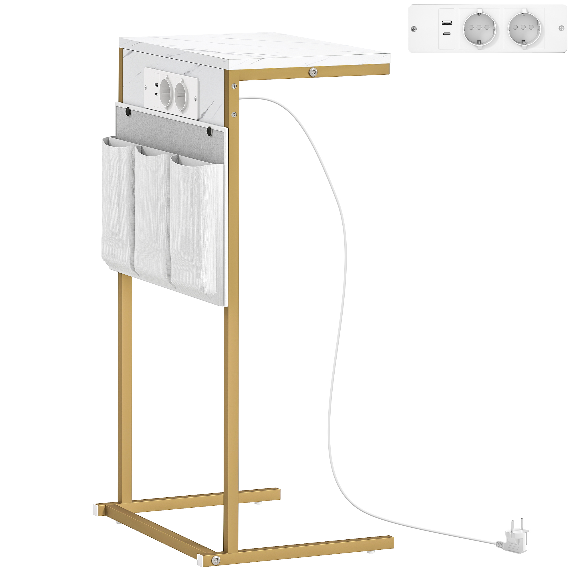 HOMCOM Mesa Auxiliar Estilo Marmolizado con Cargador USB y Espacio de Almacenaje 25,5x40x71 cm Blanco y Dorado