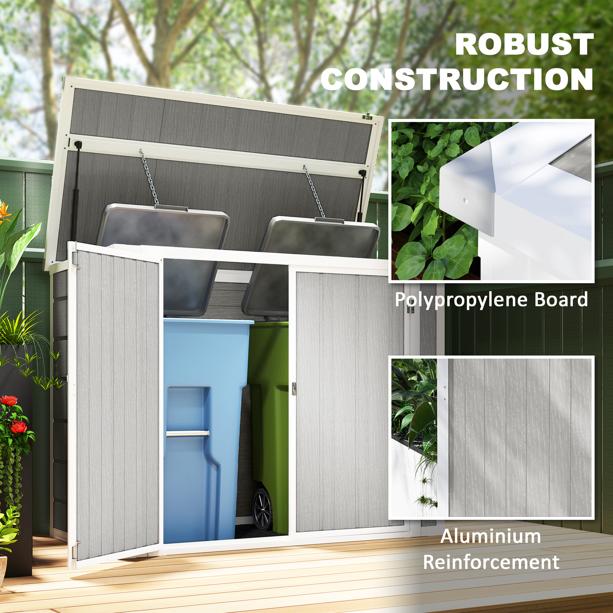Outsunny 4.7 x 2.5FT Garden Shed, Lockable Outdoor Storage with Openable Lid, Small Shed for 2 Trash Cans, Tools, Patio, Light Grey 8
