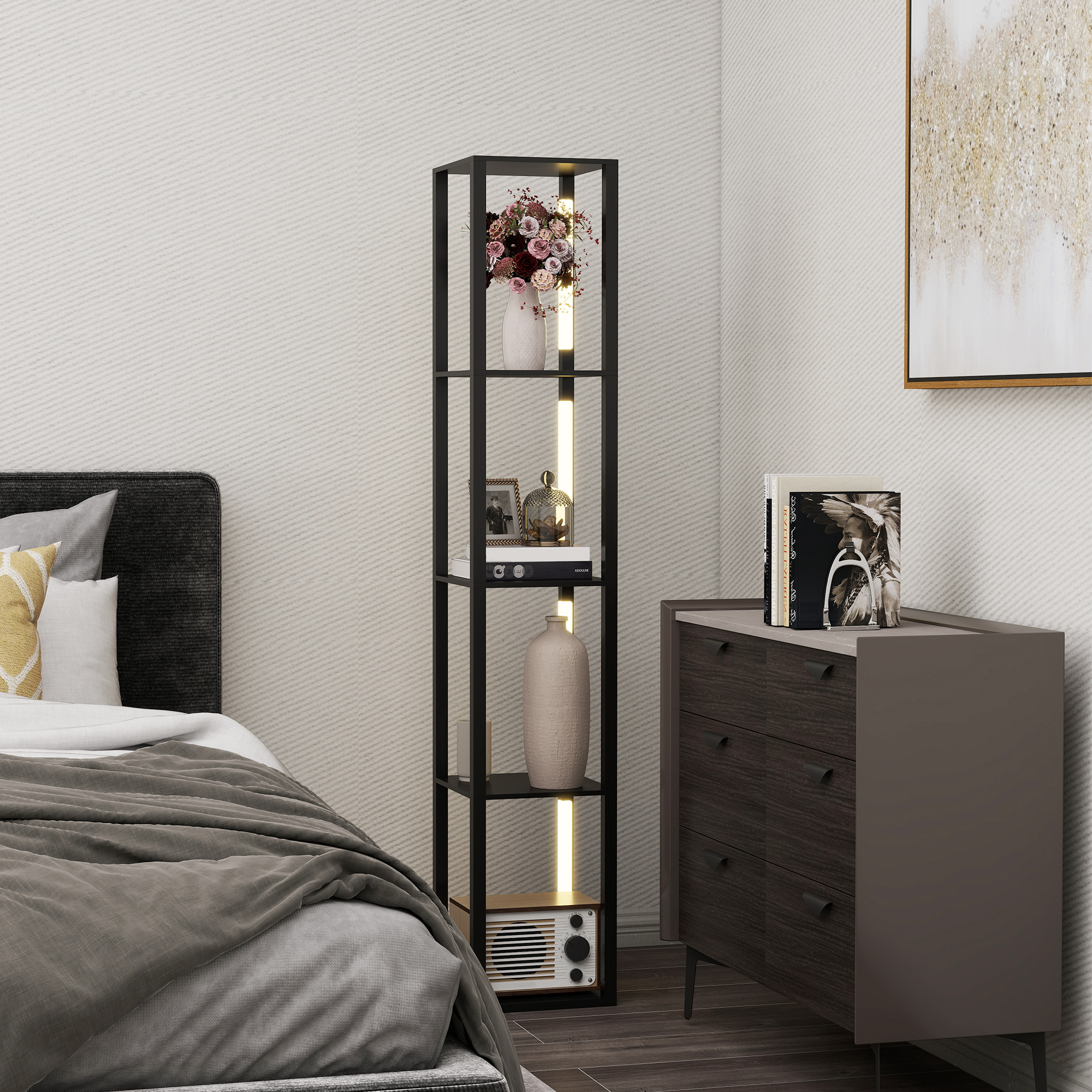 HOMCOM LED Floor Lamp with Shelves, Modern Dimmable Standing Lamp with 3 Brightness Levels and Foot Switch for Living Room, Bedroom, Office, Black 9