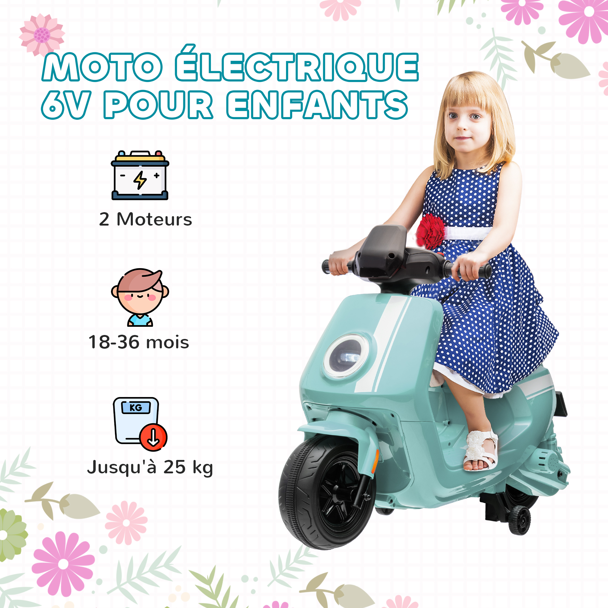 Vespa scooter électrique enfants moto porteur pour enfants 6 V, 2 moteurs puissant, vitesse max. 3 km/h, phare et musique, marche avant/arrière, roues d'entraînement, 18 à 36 mois, vert Vespa scooter électrique enfants moto porteur pour enfants 6 V, 2 moteurs puissant, vitesse max. 3 km/h, phare et musique, marche avant/arrière, roues d'entraînement, 18 à 36 mois, vert