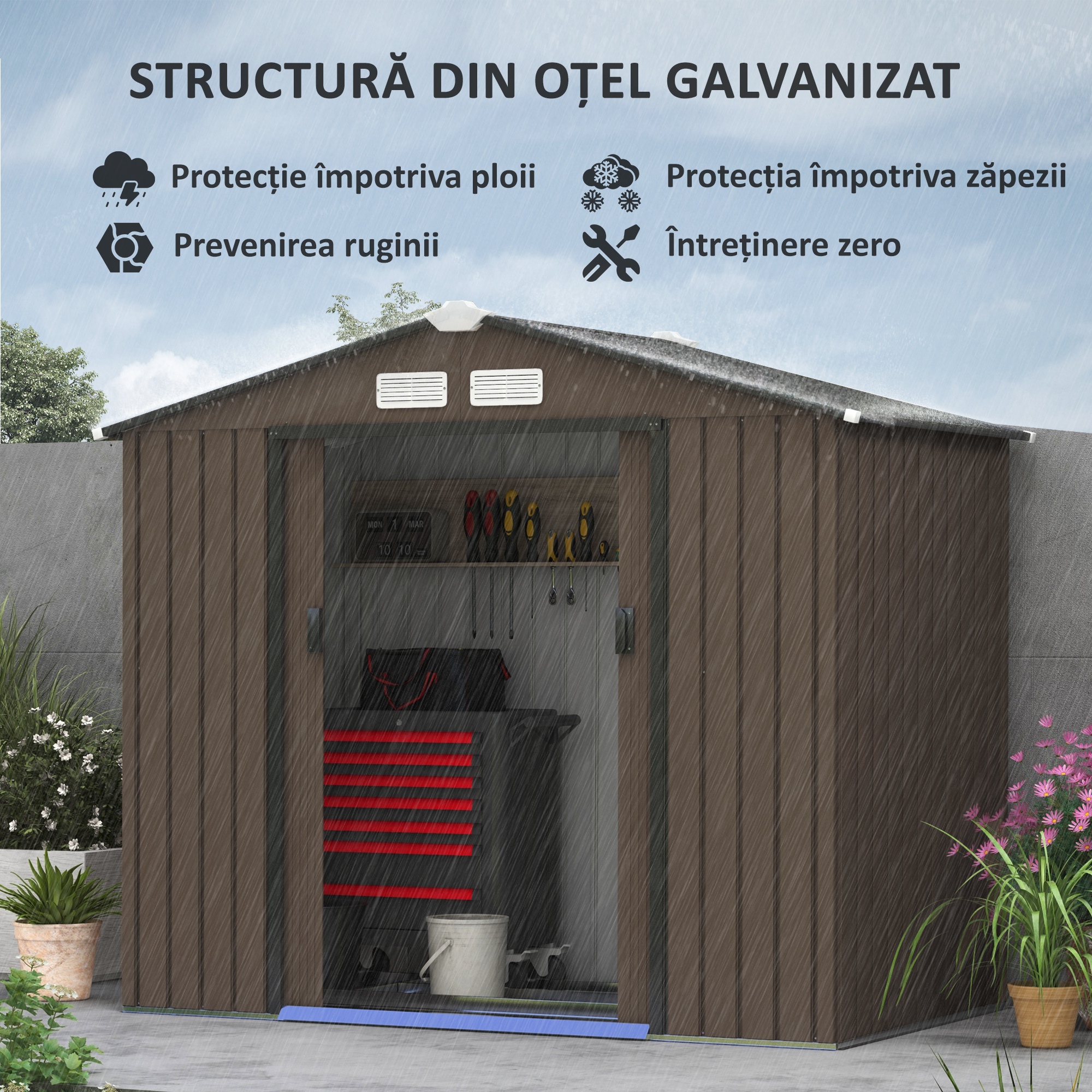  Casuta de Gradina din Metal cu Aerisiri si Usa Dubla Glisanta, 2,1x1,3 m, Maro [3]