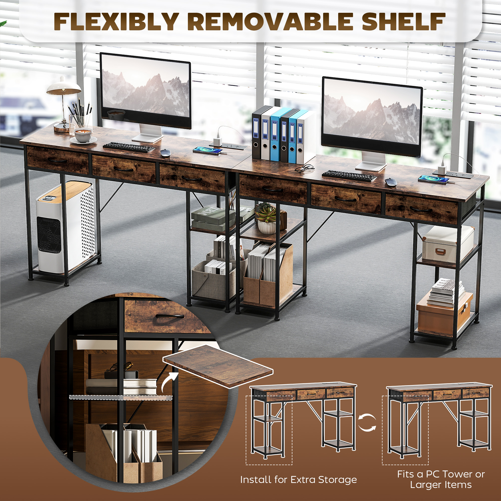 HOMCOM 120cm Computer Desk with Power Outlets, Office Desk Study Table with Fabric Drawers and Storage Shelves, Rustic Brown 6