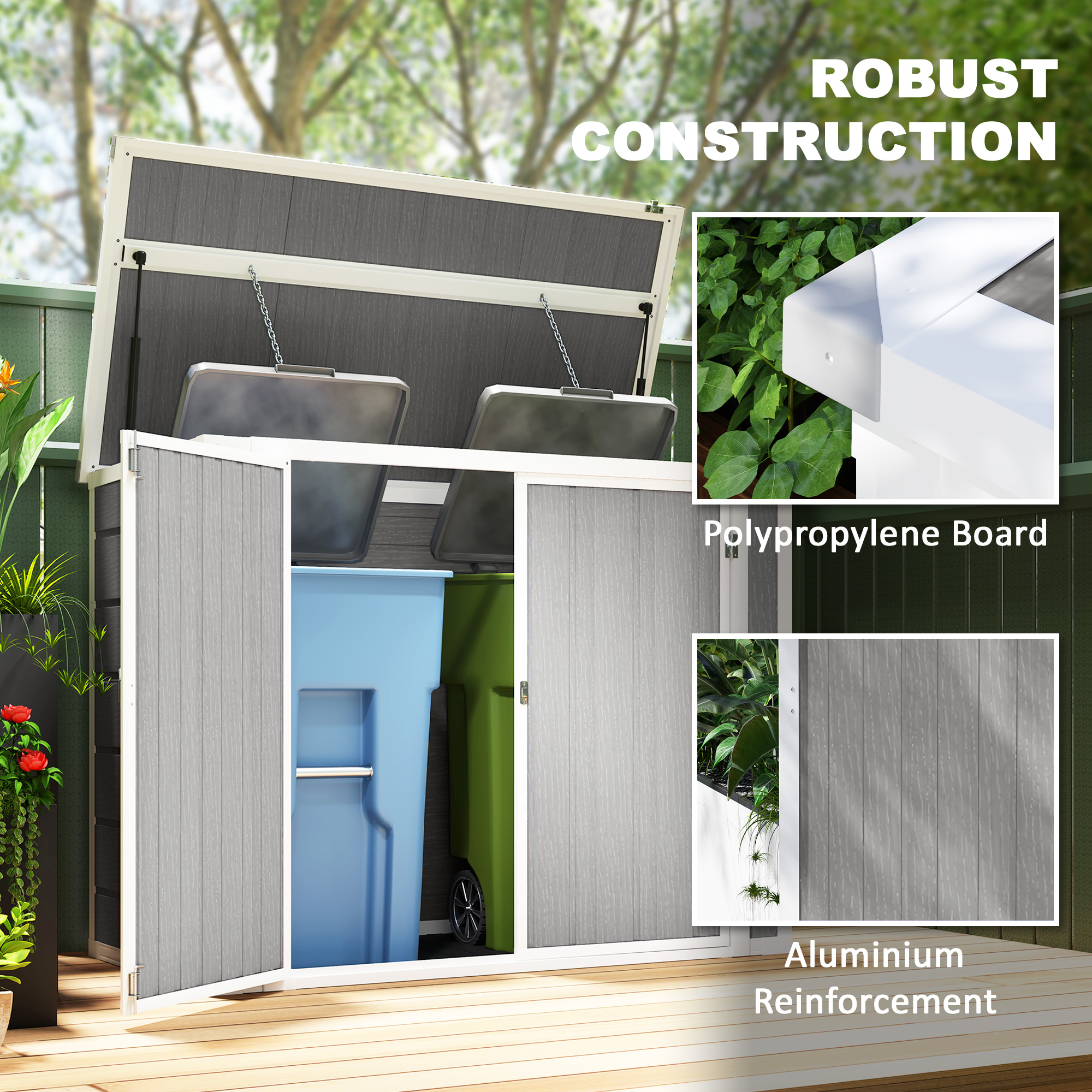Outsunny 4.7 x 2.5FT Garden Shed, Double Bin Storage Shed with Lockable Doors, Outdoor Small Shed with Openable Lid for 2 Trash Cans, Garden Tools, Grey 8