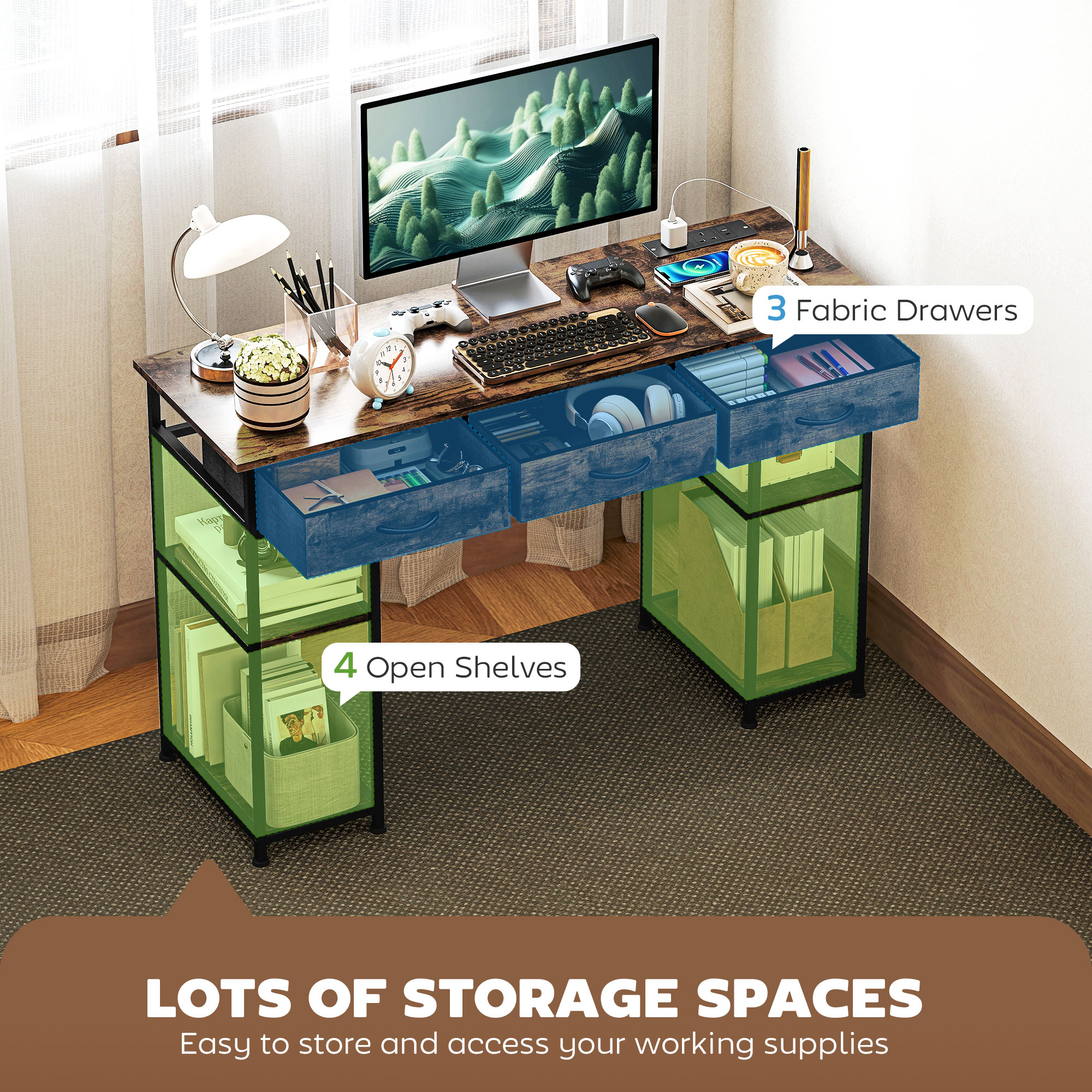 HOMCOM 120cm Computer Desk with Power Outlets, Office Desk Study Table with Fabric Drawers and Storage Shelves, Rustic Brown 4