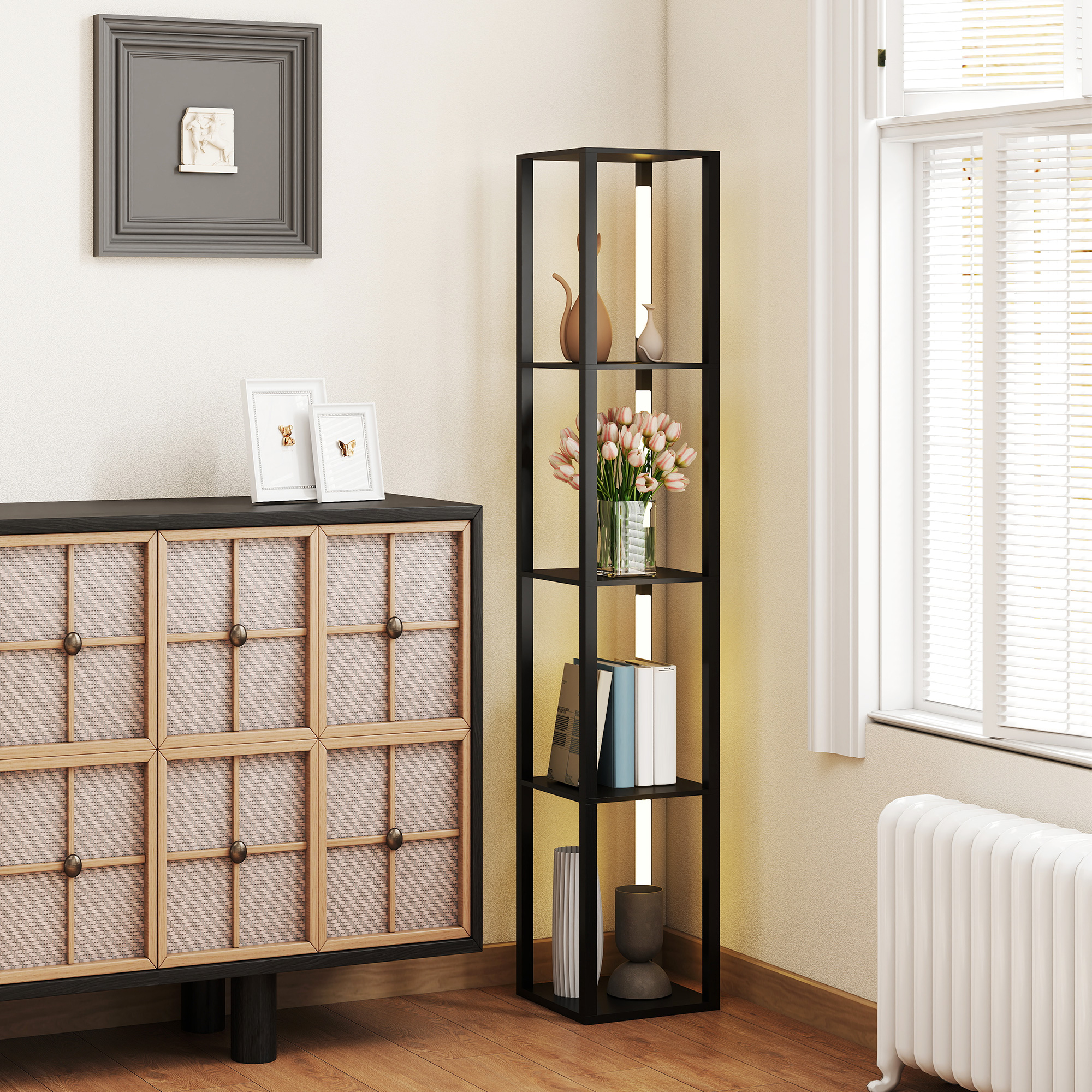 HOMCOM LED Floor Lamp with Shelves, Modern Dimmable Standing Lamp with 3 Brightness Levels and Foot Switch for Living Room, Bedroom, Office, Black 8