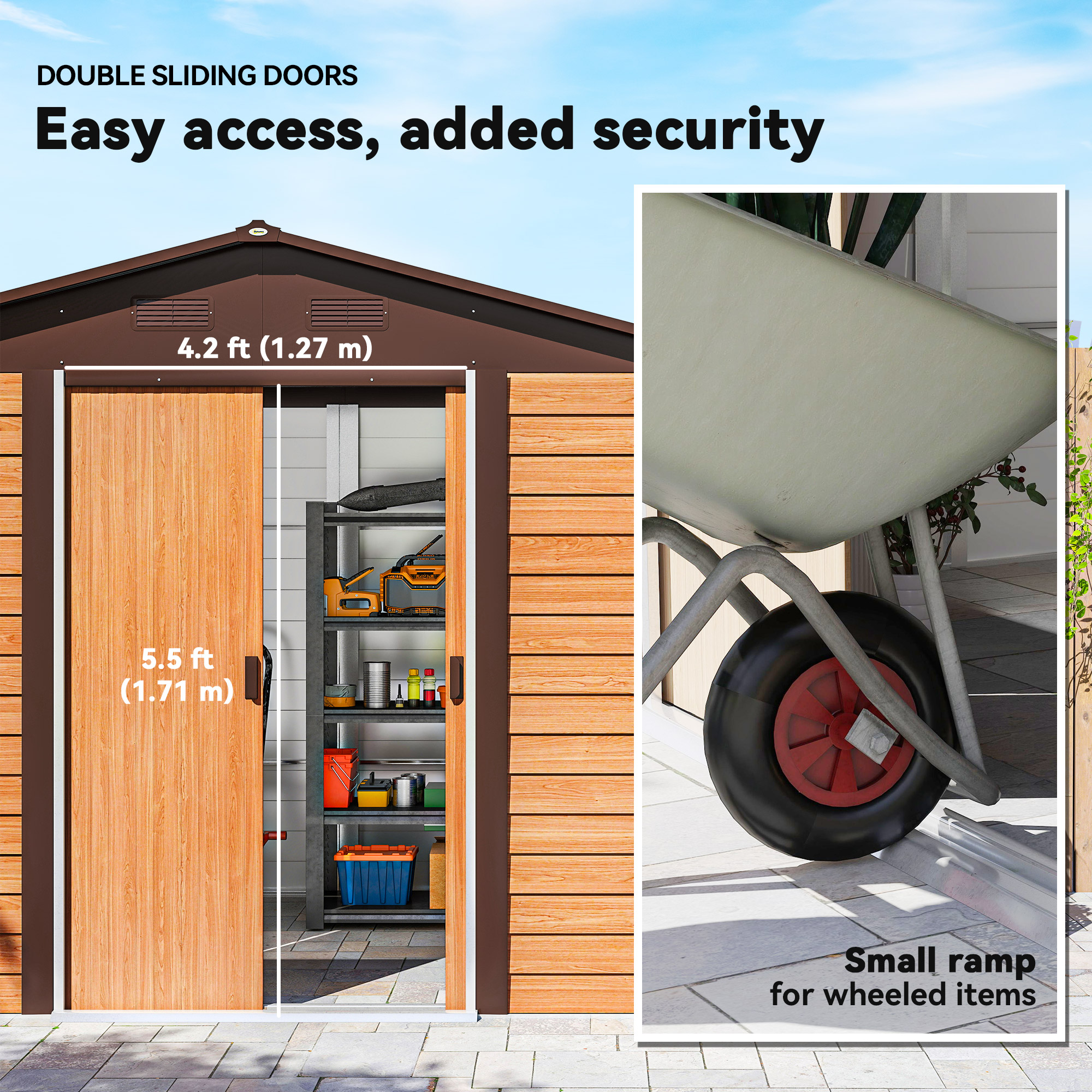 Outsunny 9 x 6ft Galvanised Steel Shed Brown Wood-Effect 6