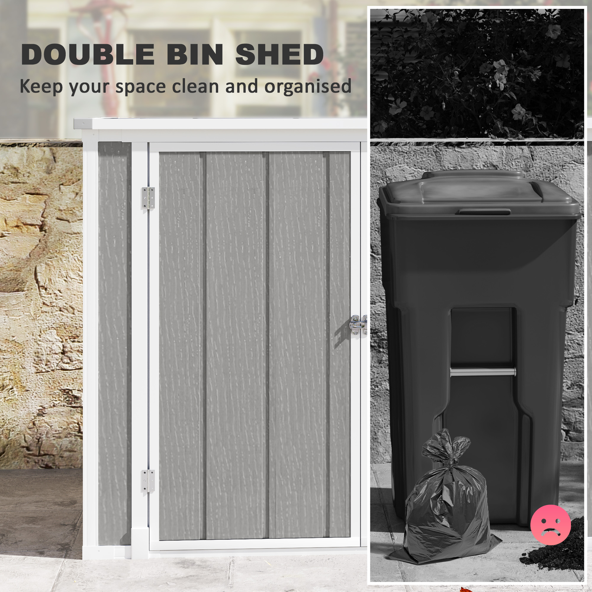 Outsunny 4.7 x 2.5FT Garden Shed, Double Bin Storage Shed with Lockable Doors, Outdoor Small Shed with Openable Lid for 2 Trash Cans, Garden Tools, Grey 5