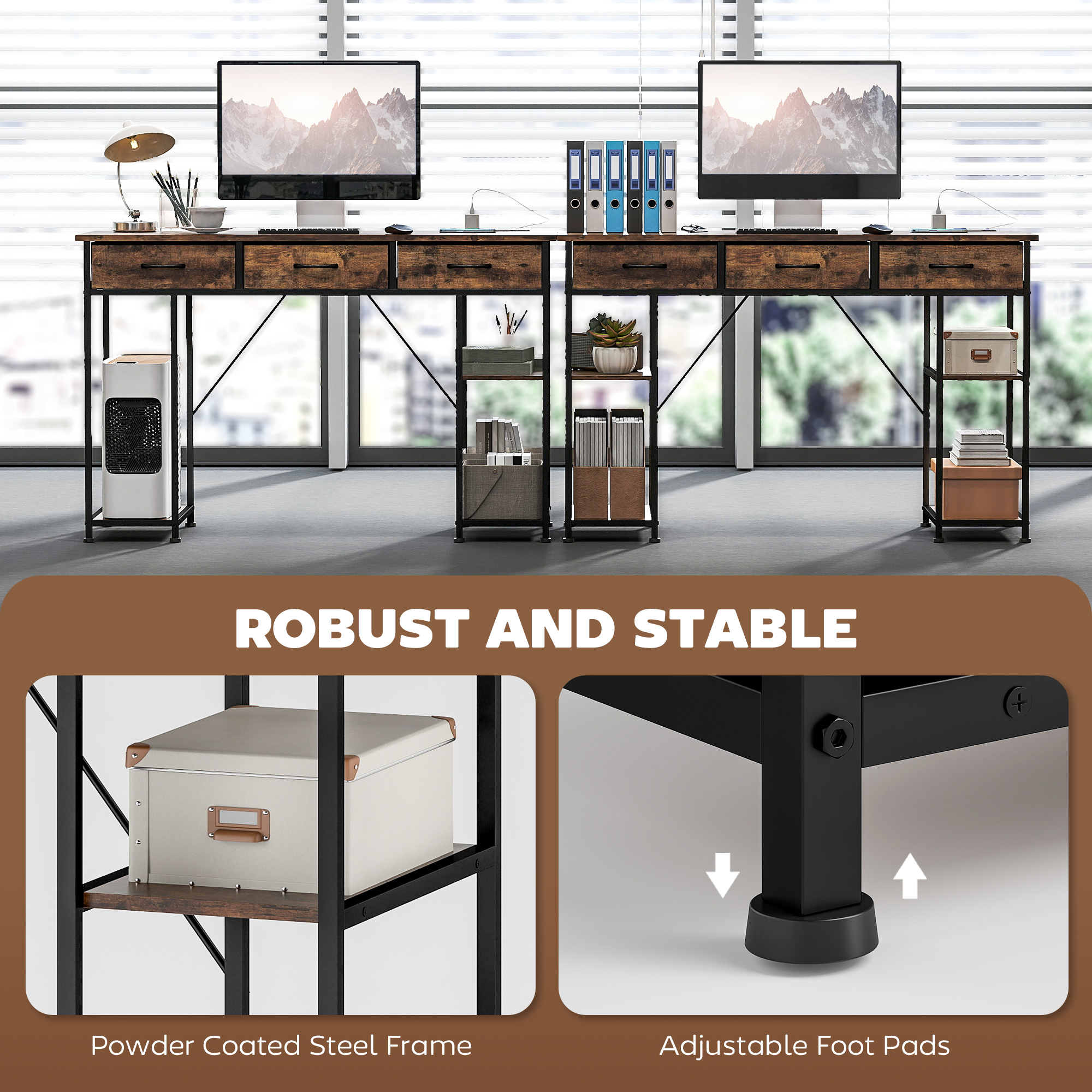 HOMCOM 120cm Computer Desk with Power Outlets, Office Desk Study Table with Fabric Drawers and Storage Shelves, Rustic Brown 7