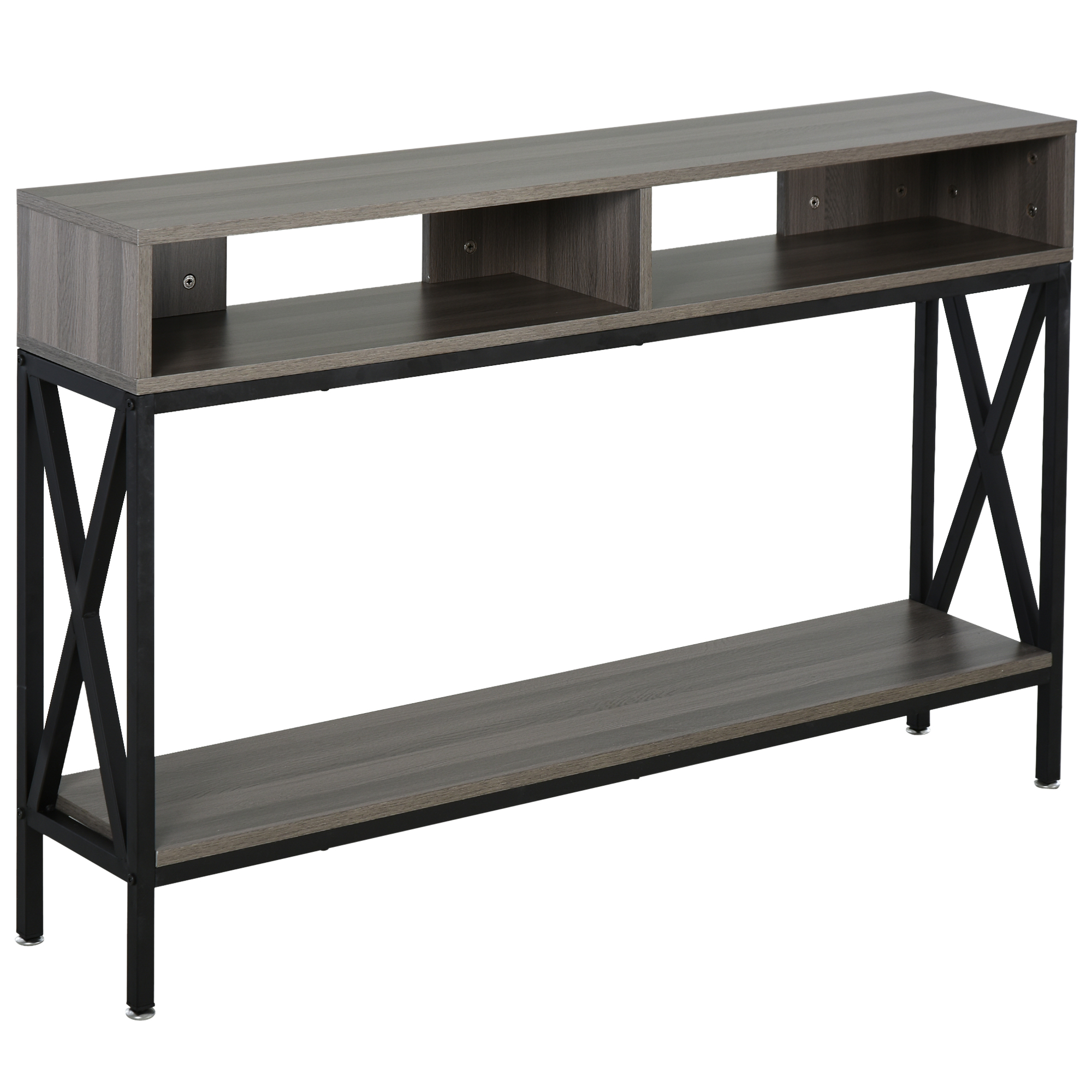 HOMCOM Mueble Recibidor Mesa Consola Estilo Industrial Vintage con 3 Estantes y Marco Metálico para Entrada 120x23,5x75 cm Gris y Negro | Aosom España