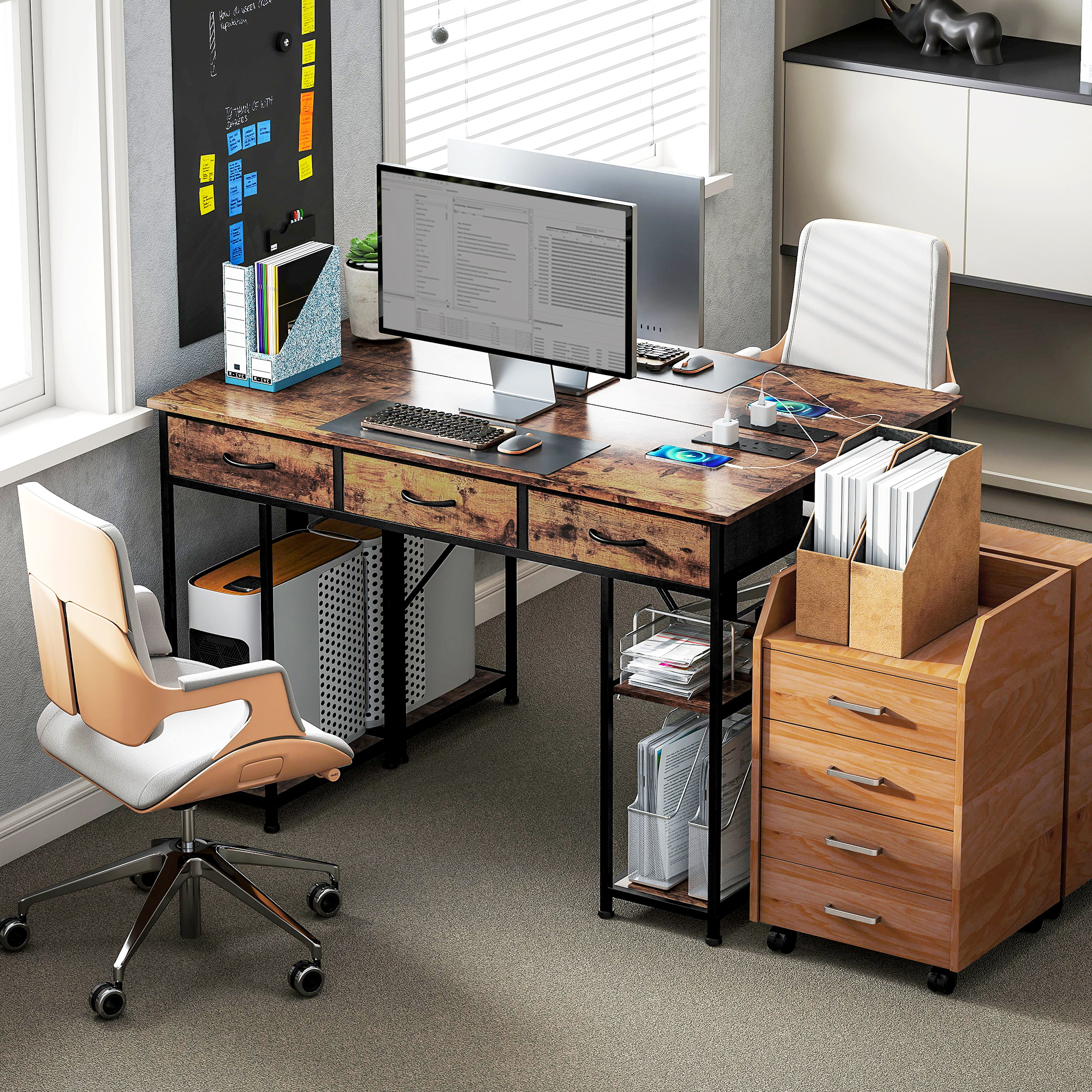 HOMCOM 120cm Computer Desk with Power Outlets, Office Desk Study Table with Fabric Drawers and Storage Shelves, Rustic Brown 8