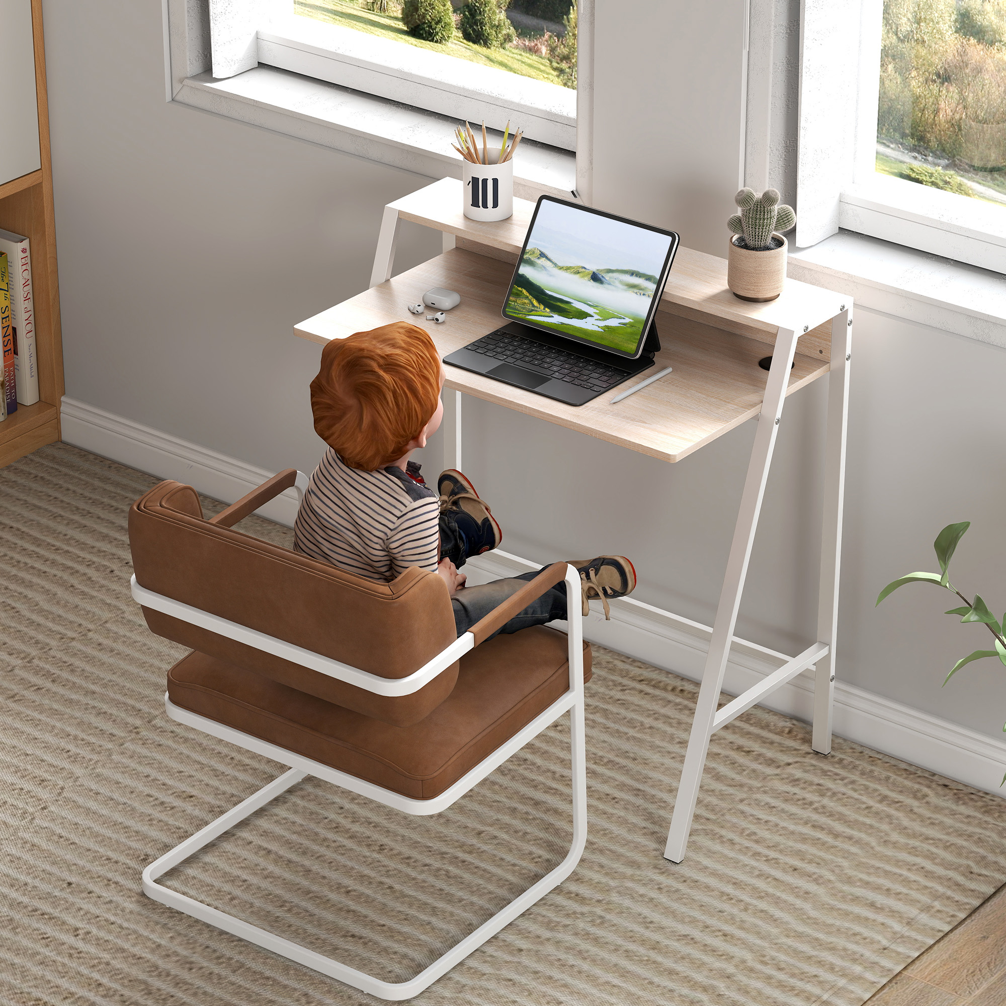 HOMCOM Writing Desk Computer Table Home Office PC Laptop Workstation Storage Shelf 84L x 45W cm White and Oak 7