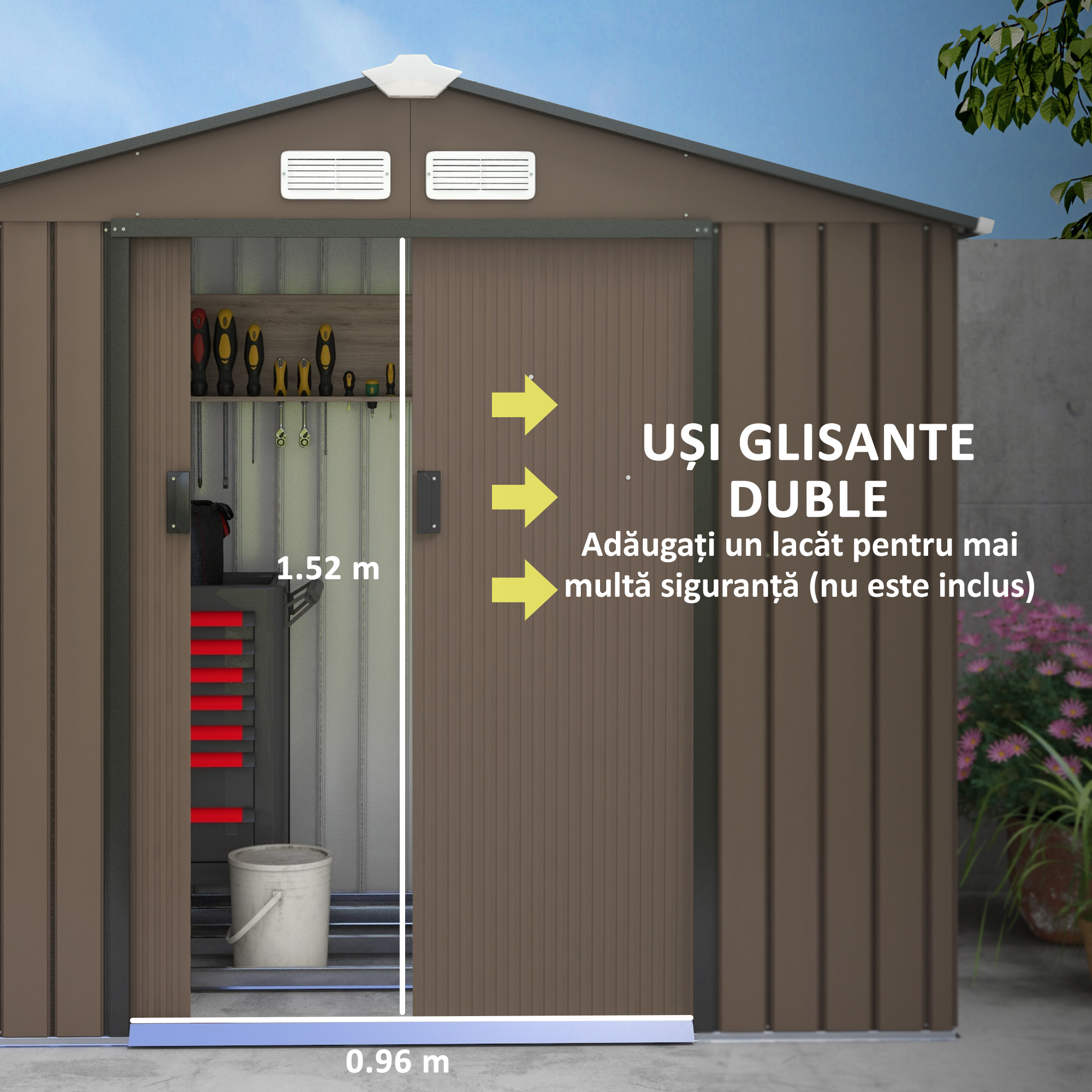  Casuta de Gradina din Metal cu Aerisiri si Usa Dubla Glisanta, 2,1x1,3 m, Maro [4]
