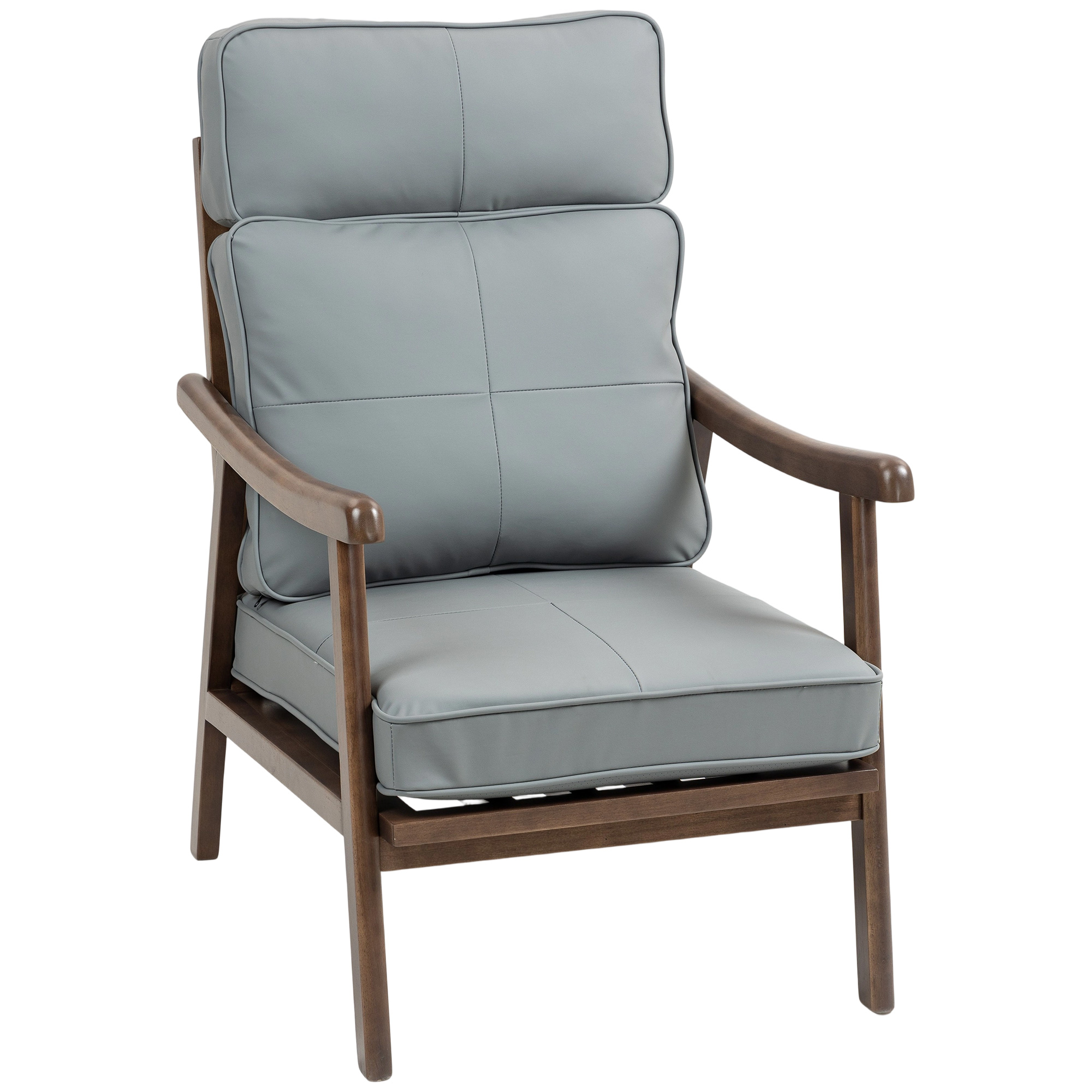 HOMCOM Sillón de Salón Tapizado en PU con Marco de Madera Cojines Acolchados Gruesos Gris y Madera Nogal