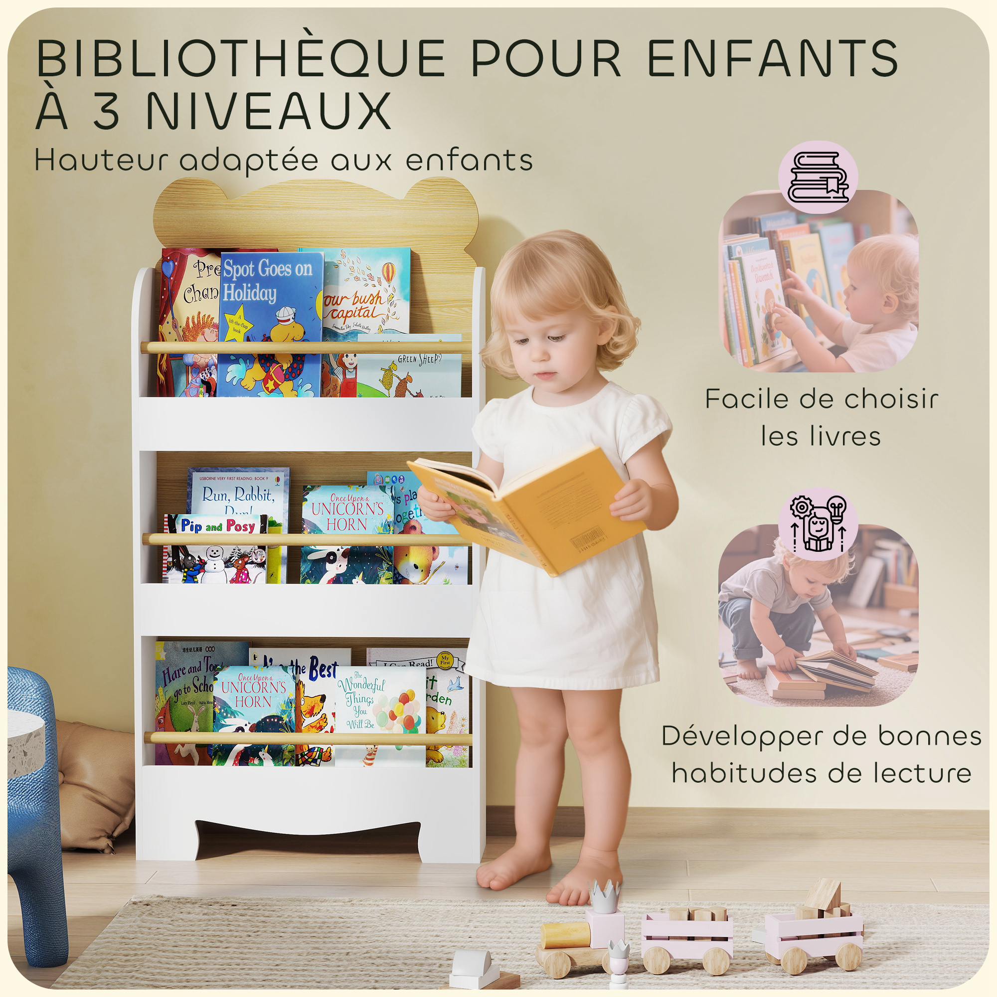 Bibliothèque pour enfants - AIYAPLAY - Multi-Rangement avec 3 niveaux d'étagères et un tiroir - 62,5L x 30l x 70H cm - vert