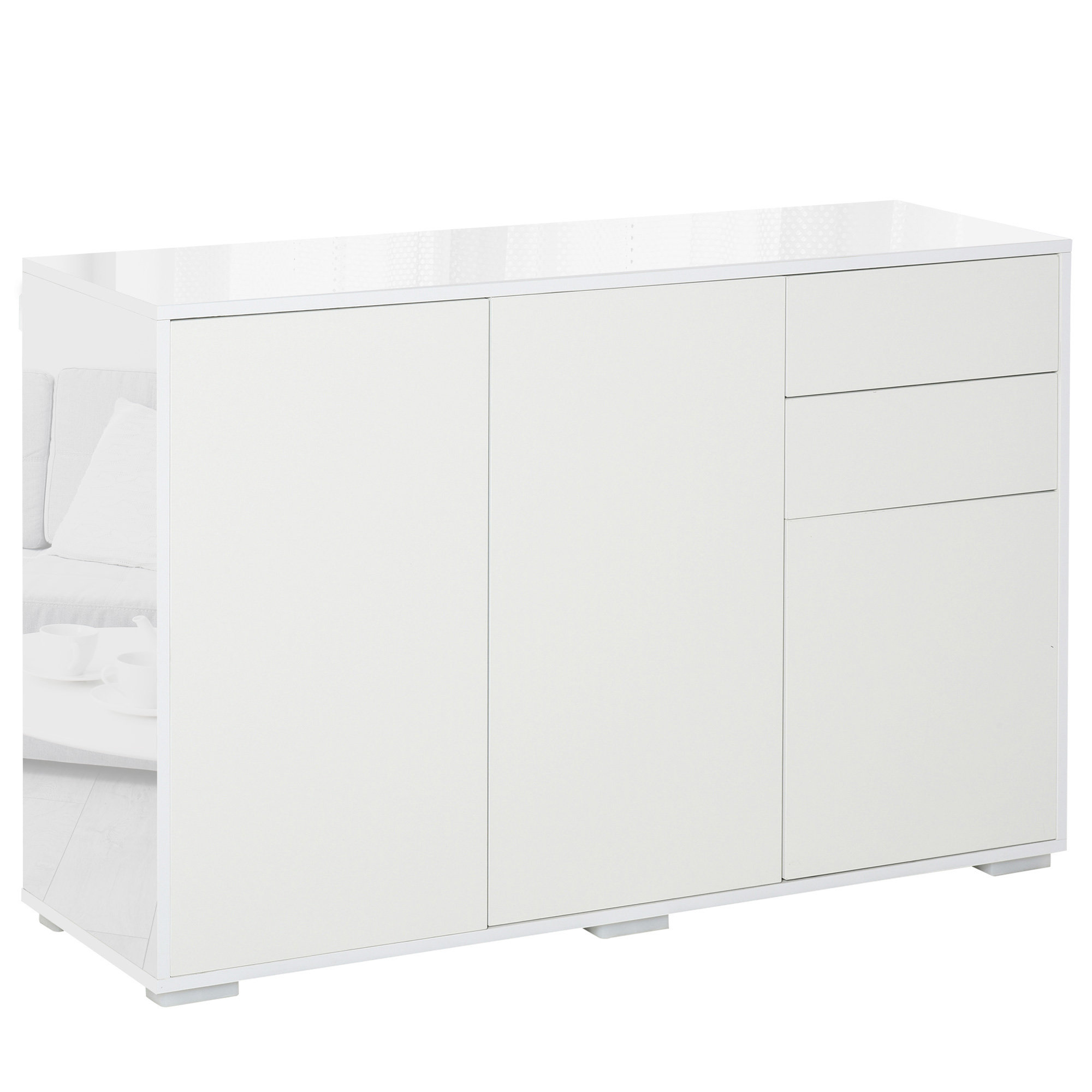 HOMCOM Aparador de Salón con 3 Puertas 2 Cajones y Estante Interior Ajustable Mueble Auxiliar de Almacenaje 117x36x74 cm Blanco   Aosom España