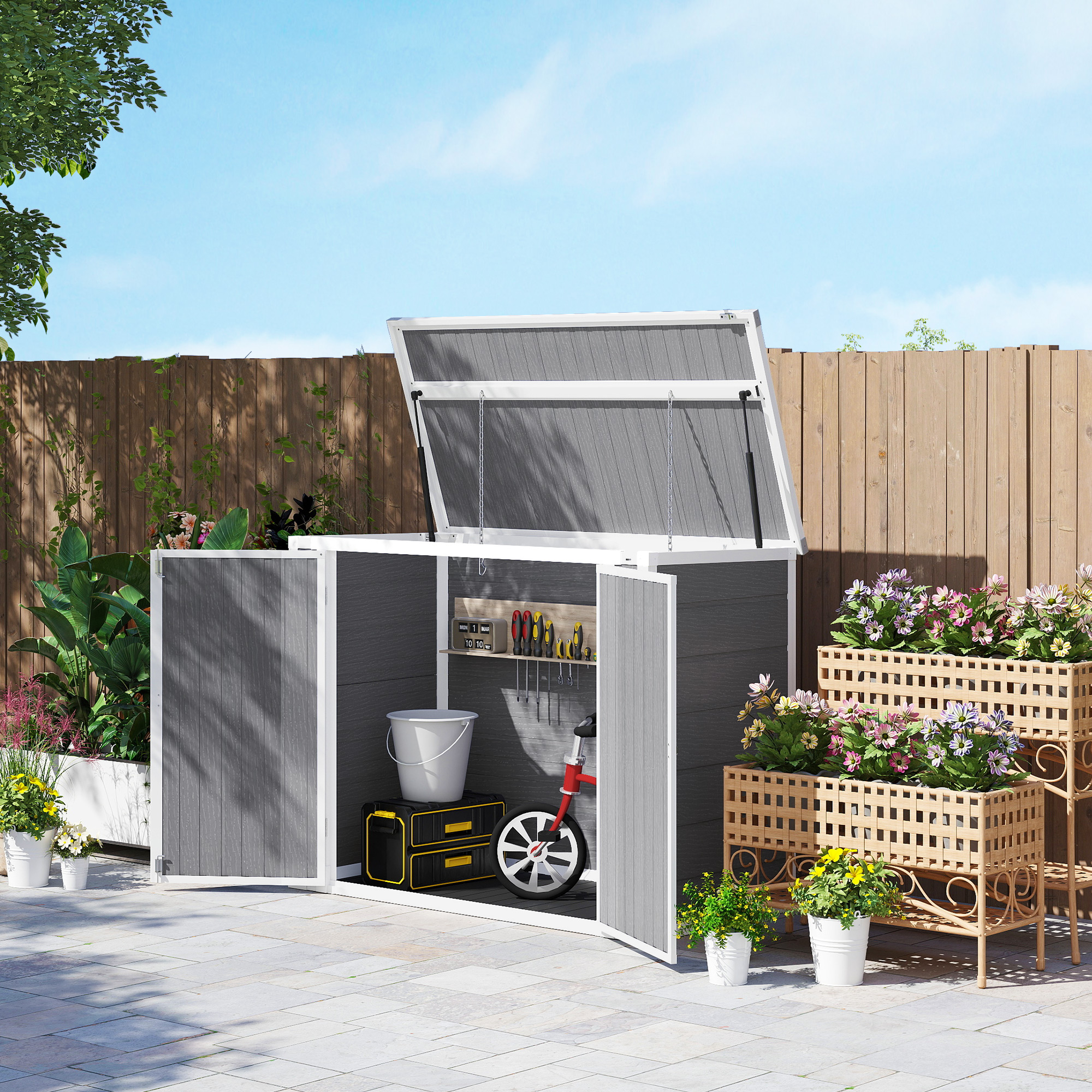 Outsunny 4.7 x 2.5FT Garden Shed, Double Bin Storage Shed with Lockable Doors, Outdoor Small Shed with Openable Lid for 2 Trash Cans, Garden Tools, Grey 4