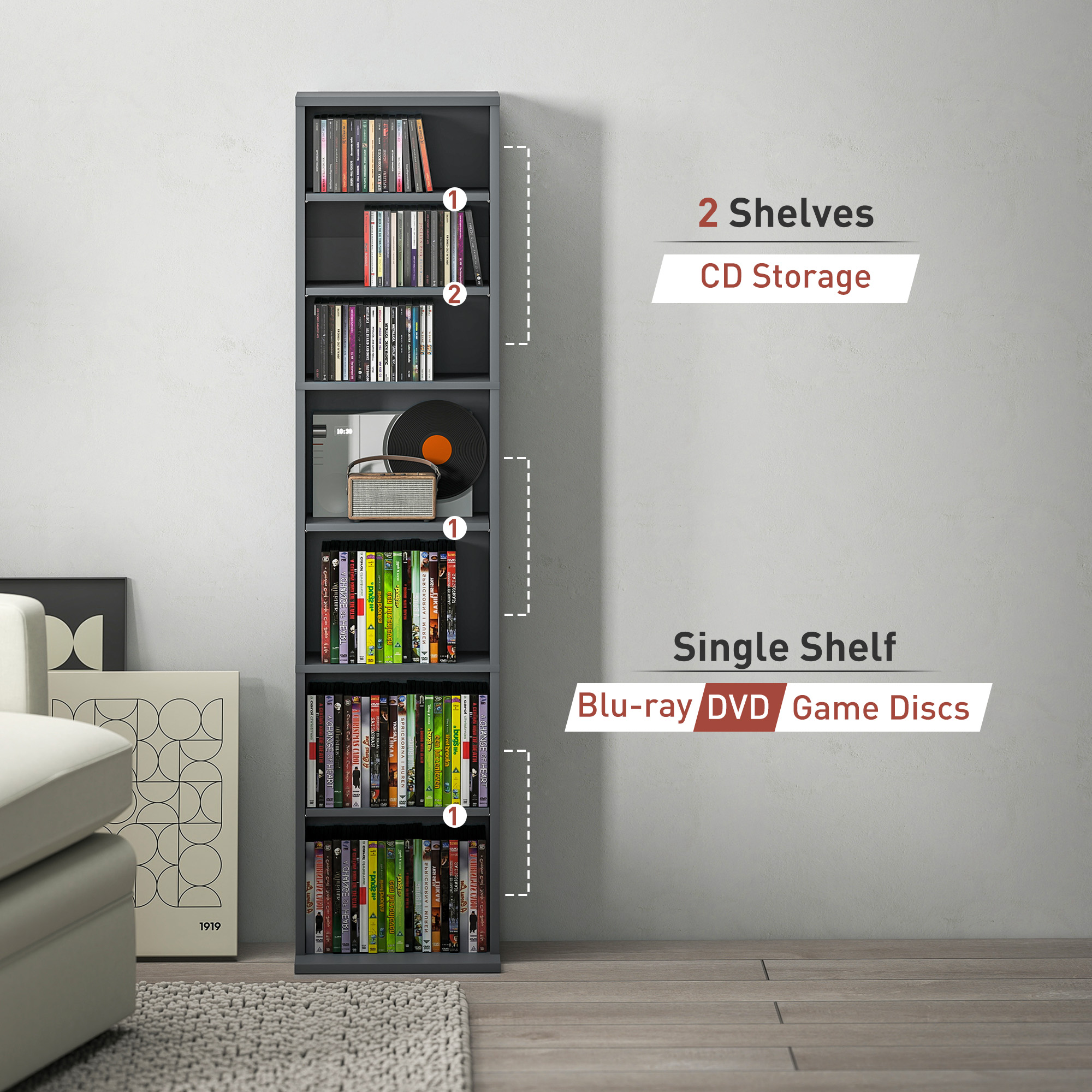 HOMCOM 260 Narrow CD Storage Unit Grey 8